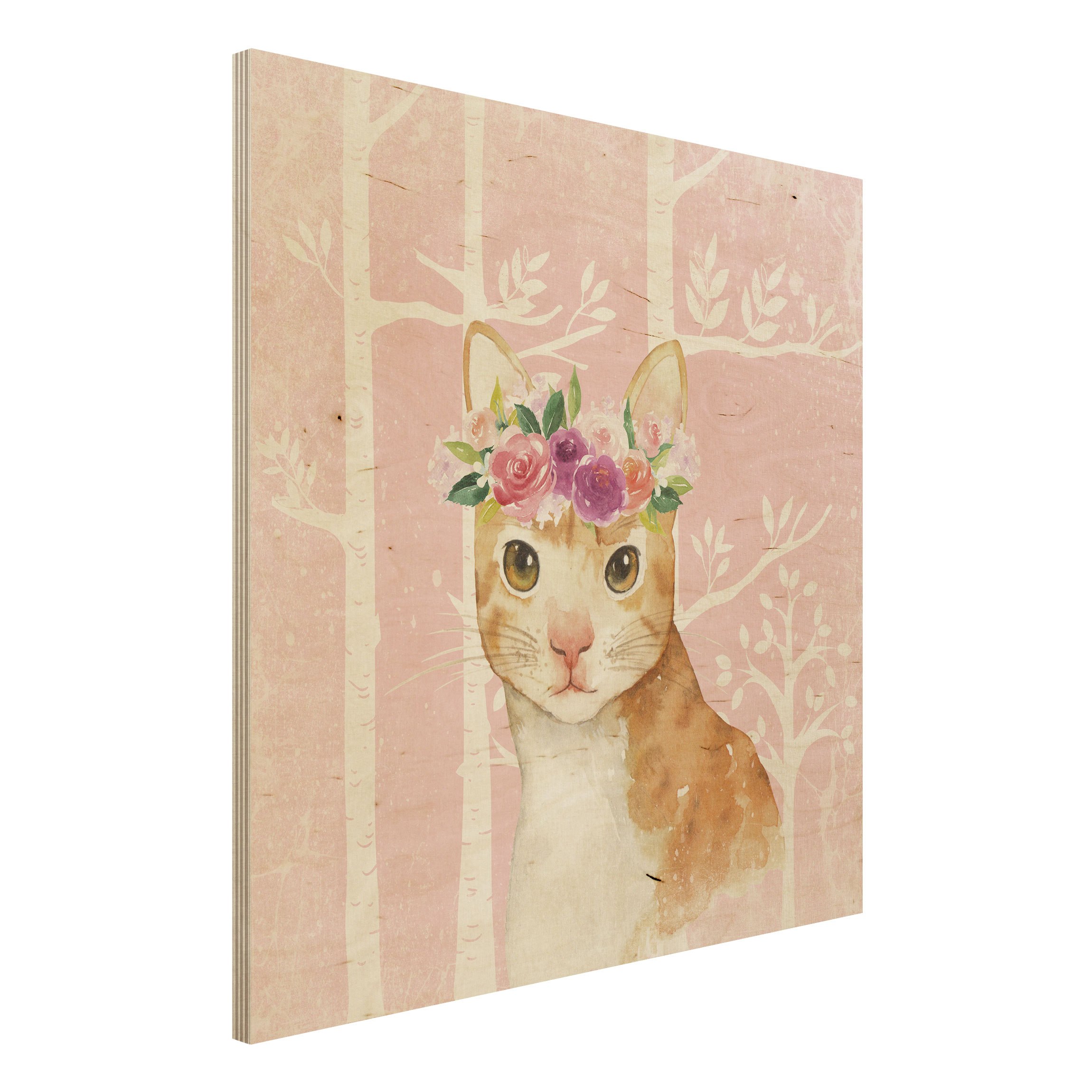 Holzbild Aquarell Katze Rosa