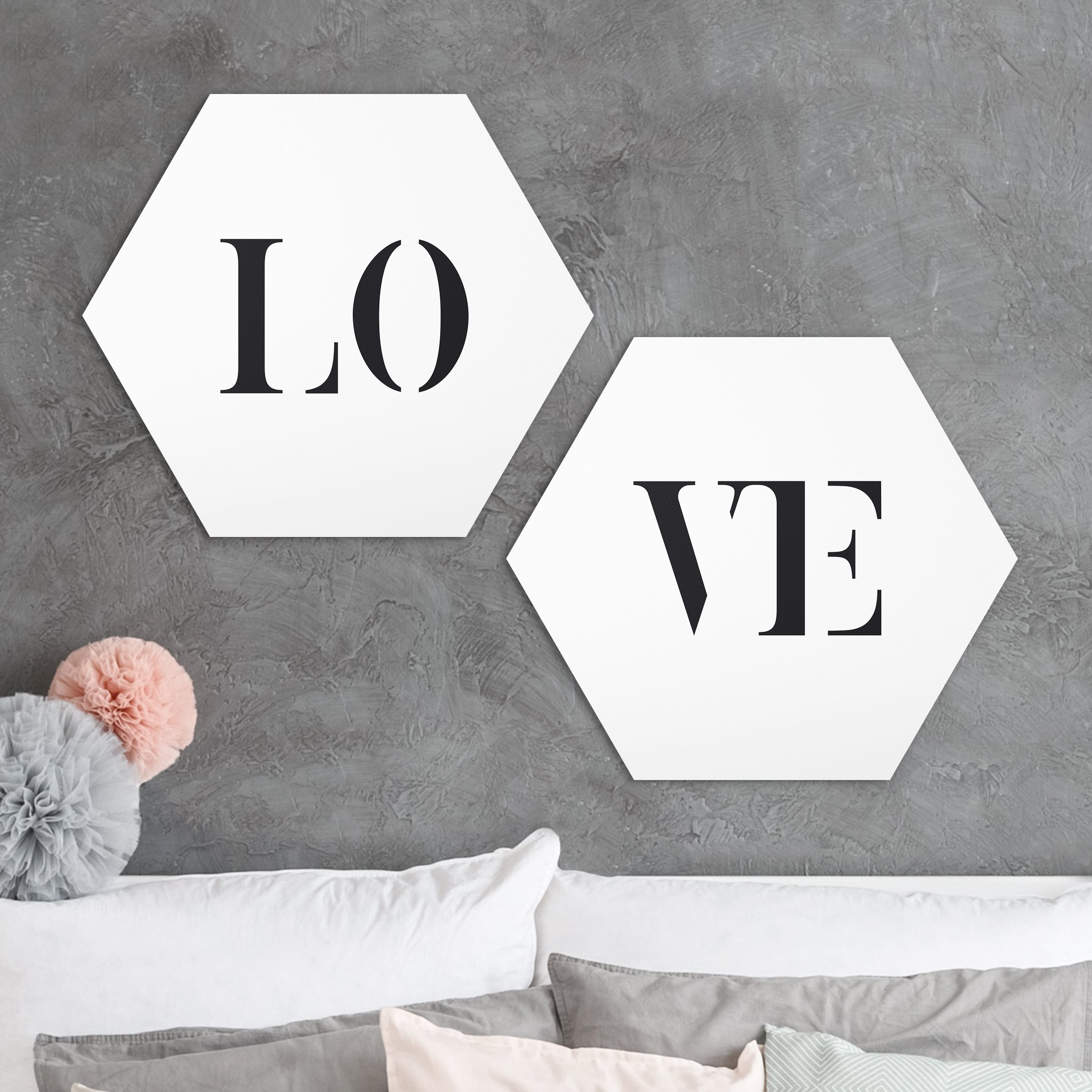 2-teiliges Hexagon-Alu-Dibond Bild Buchstaben LOVE Schwarz Set I