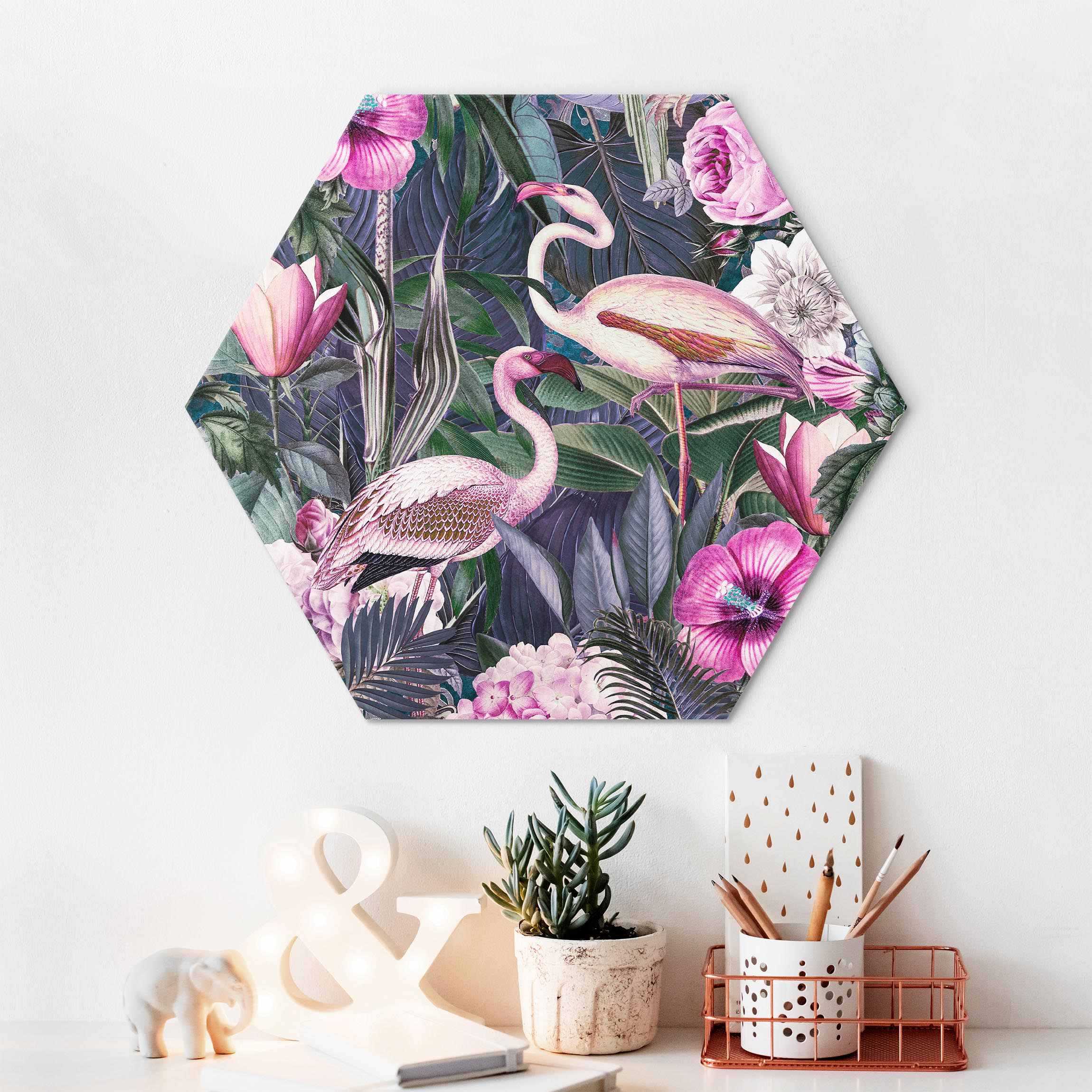 Hexagon-Alu-Dibond Bild Bunte Collage - Pinke Flamingos im Dschungel