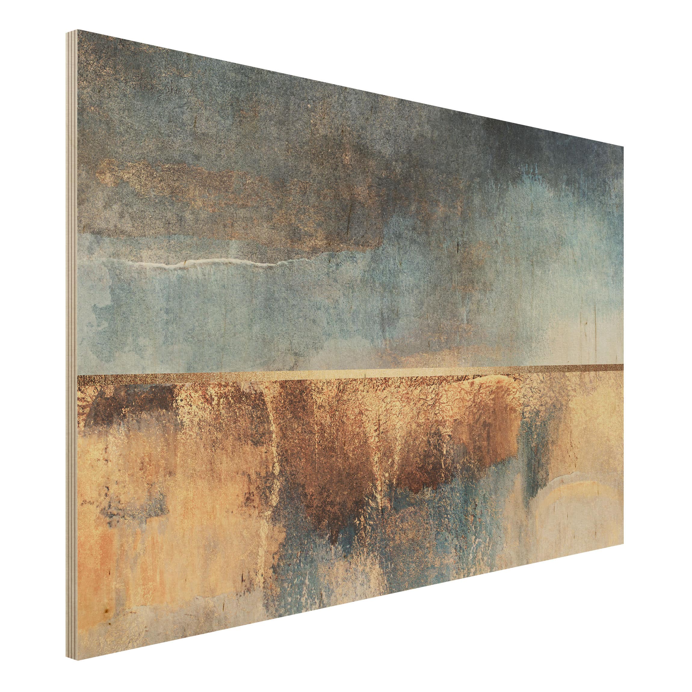 Holzbild - Querformat 3:2 Abstraktes Seeufer in Gold