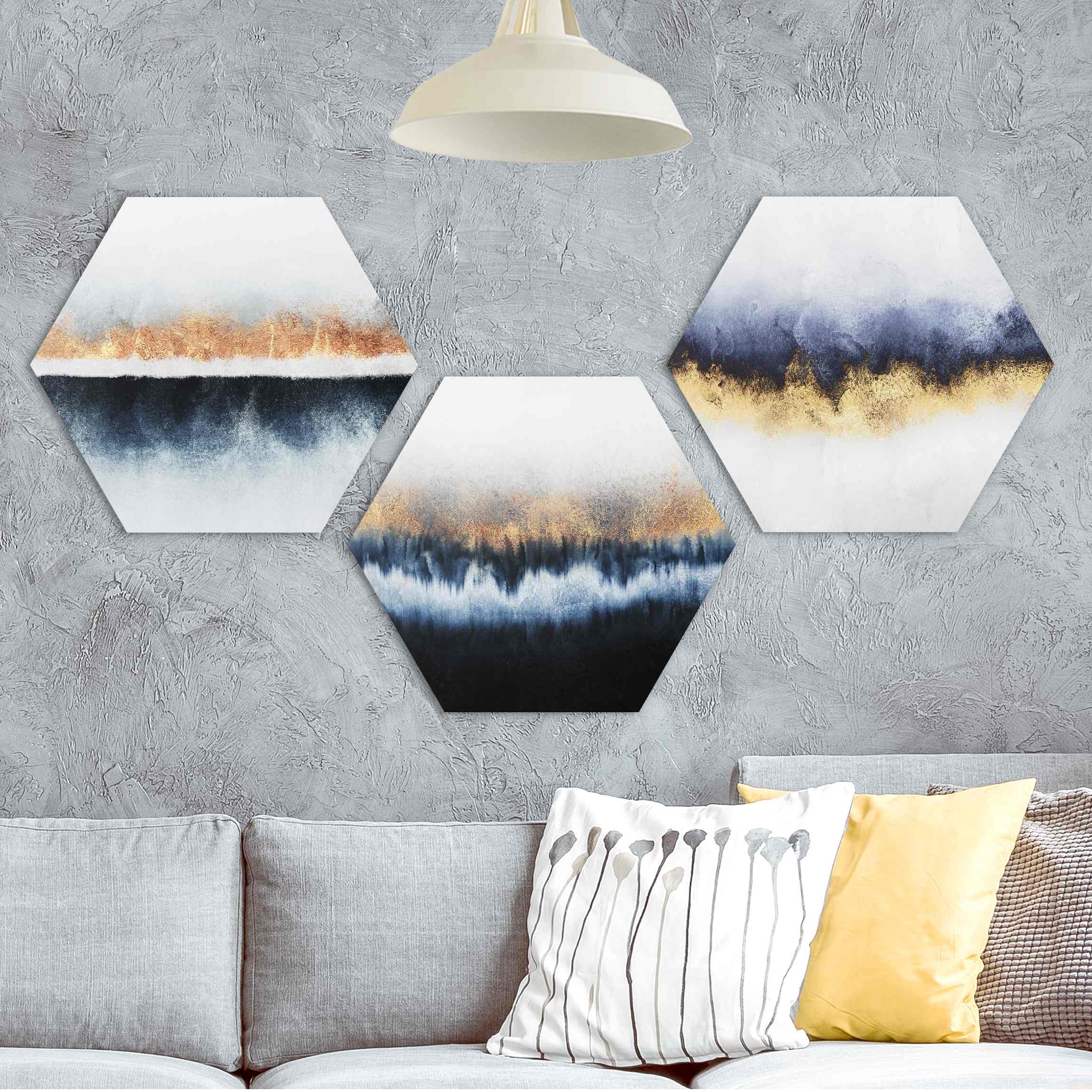 3-teiliges Hexagon-Alu-Dibond Bild Aquarell Horizont Gold Blau