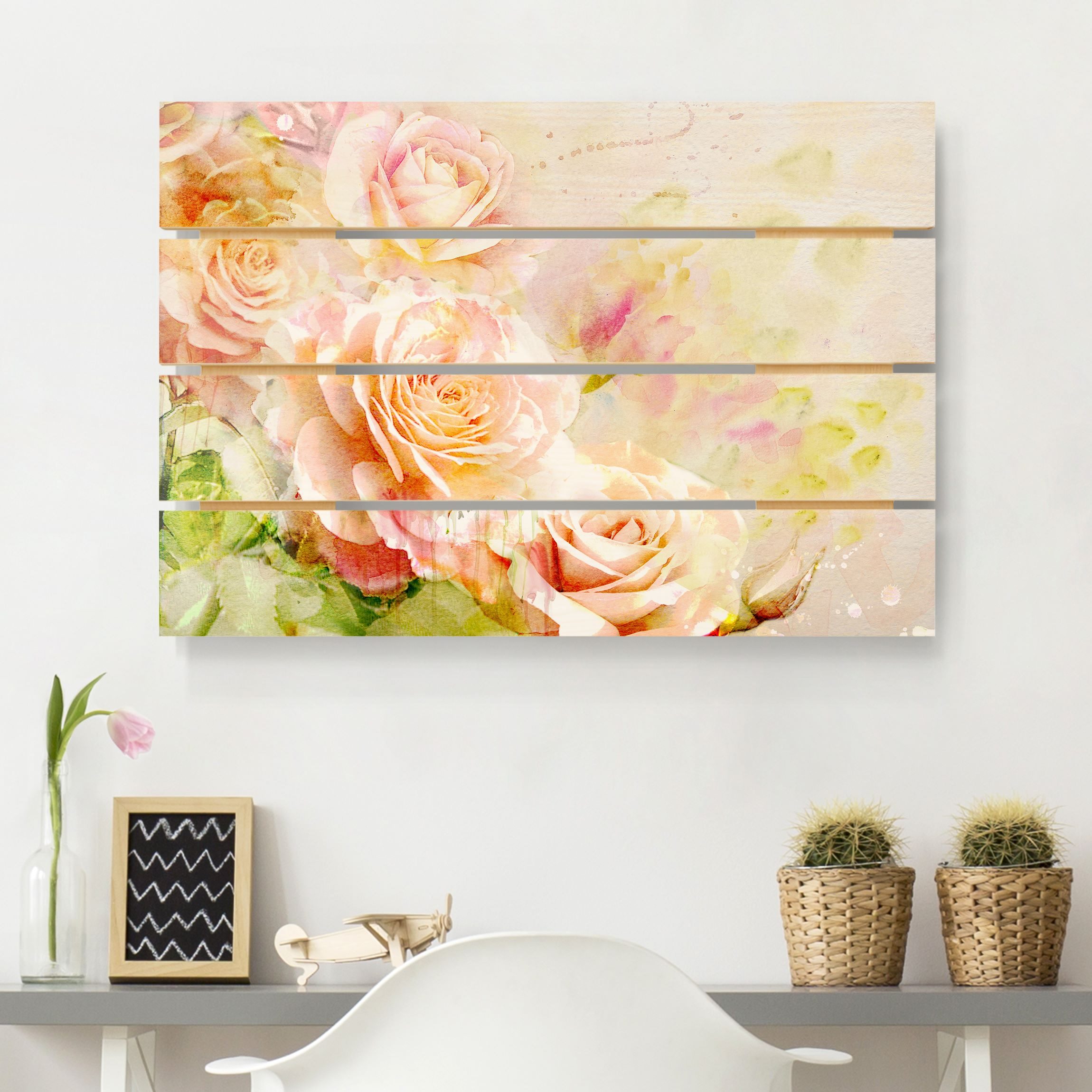 Holzbild Plankenoptik - Querformat Aquarell Rosen Komposition