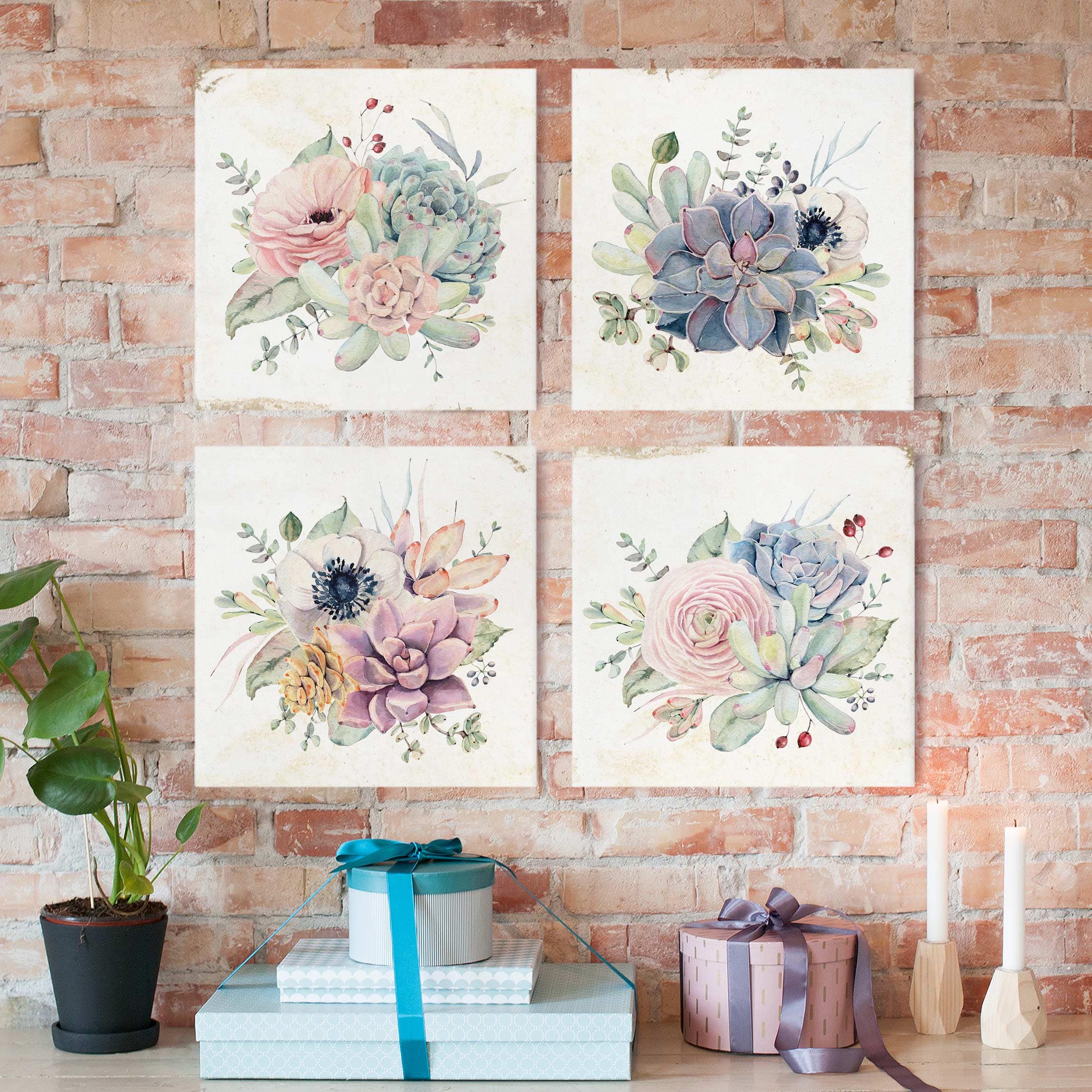 4-teiliges Leinwandbild Blumen Aquarell Blumen Landhaus