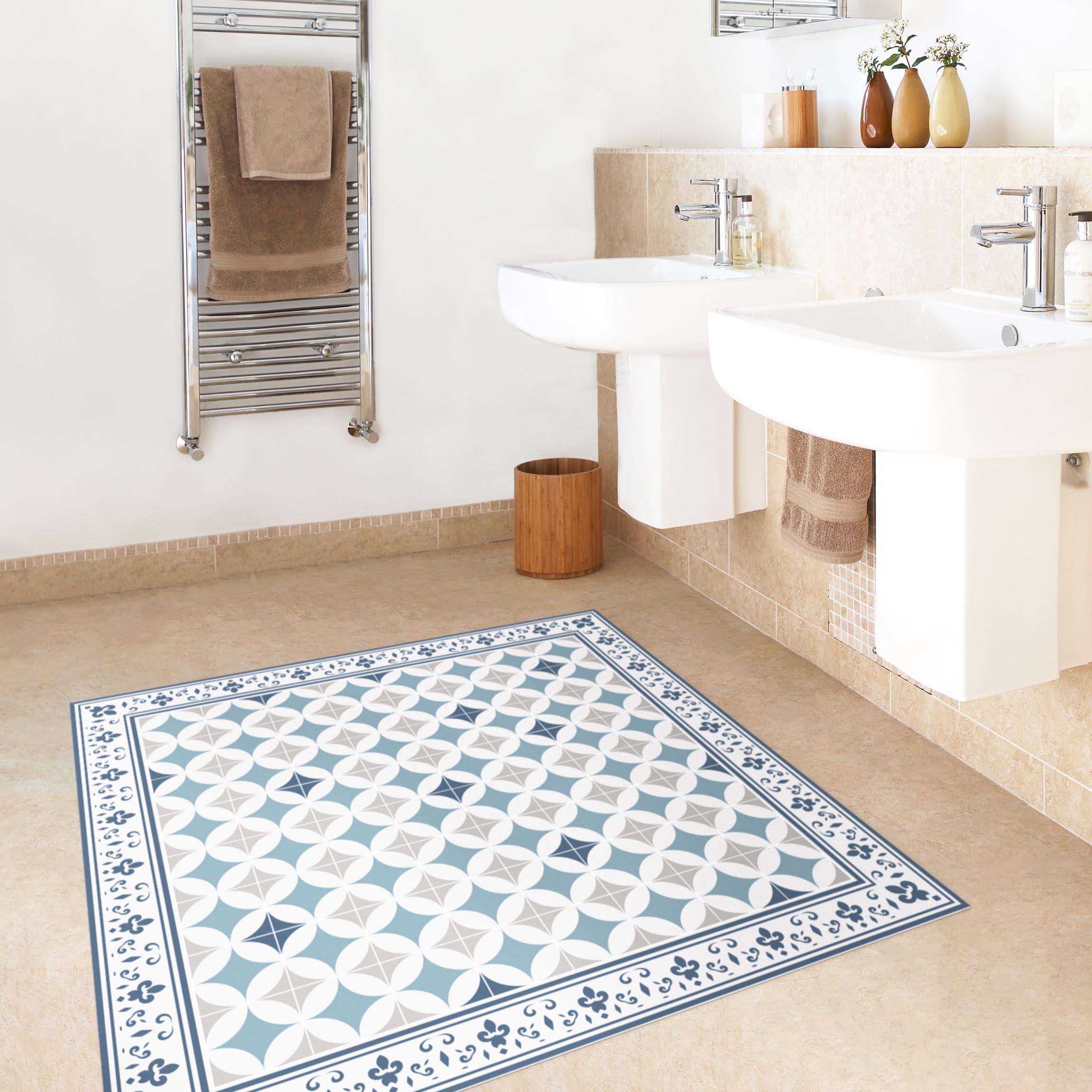 Vinylteppich Geometrische Fliesen Kreisblüten Dunkelblau mit Bordüre