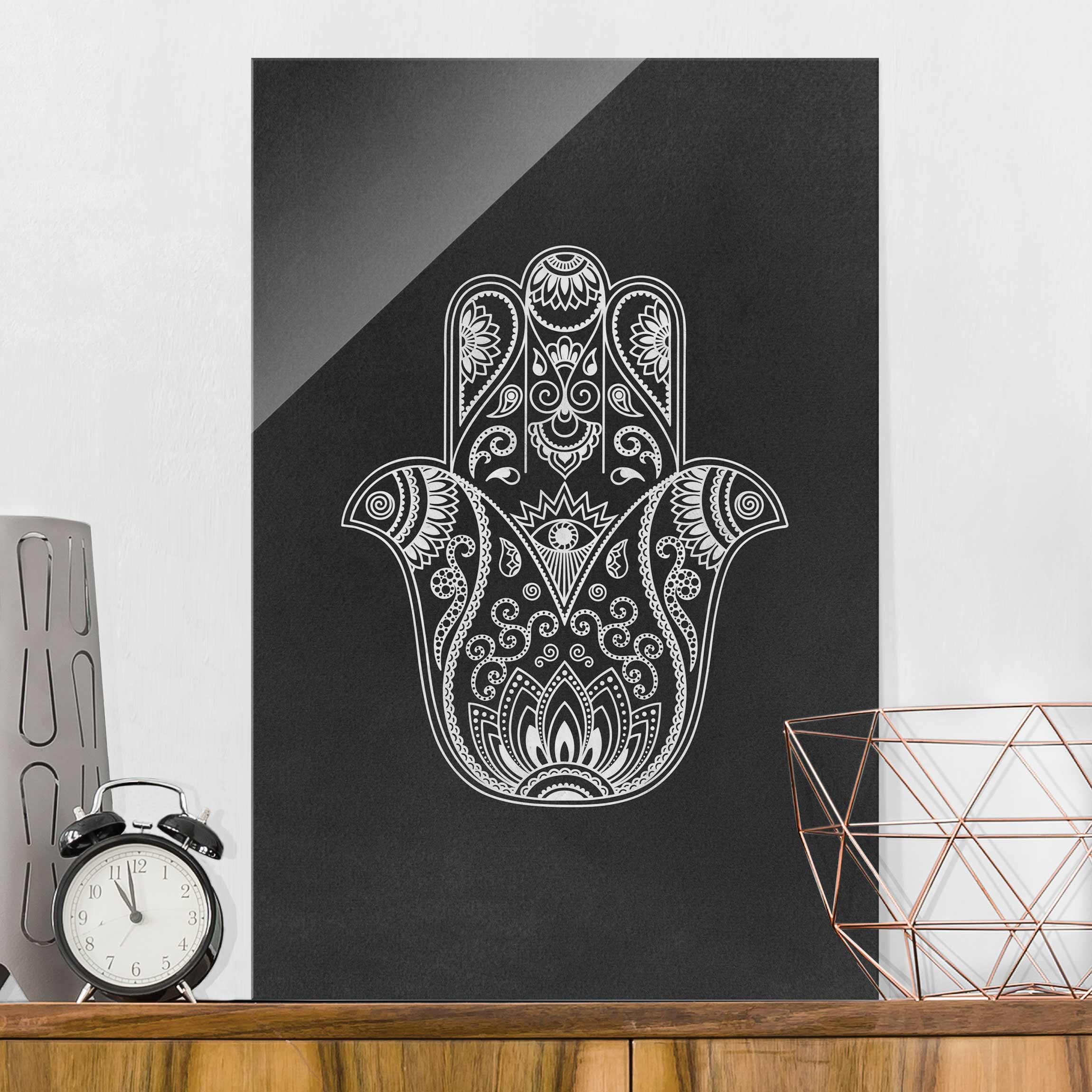 Glasbild - Querformat Hamsa Hand Illustration weiß schwarz