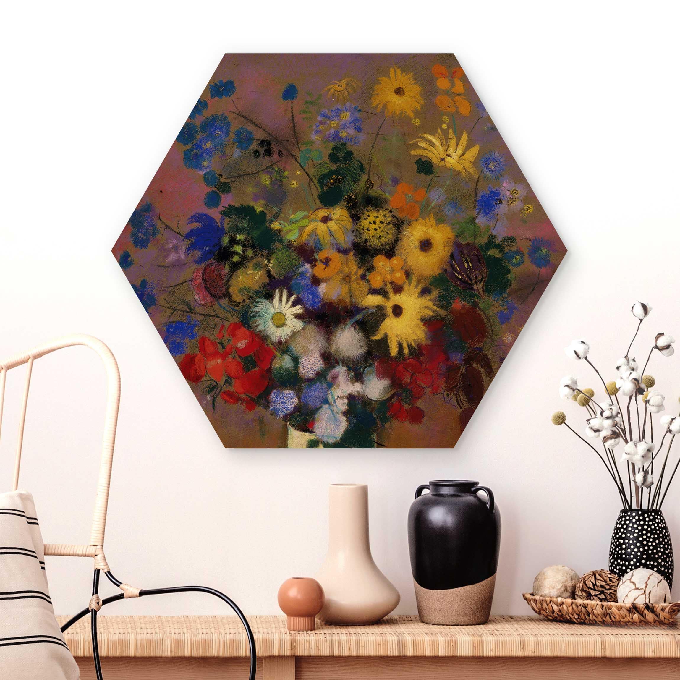 Hexagon-Holzbild Odilon Redon - Blumen in einer Vase
