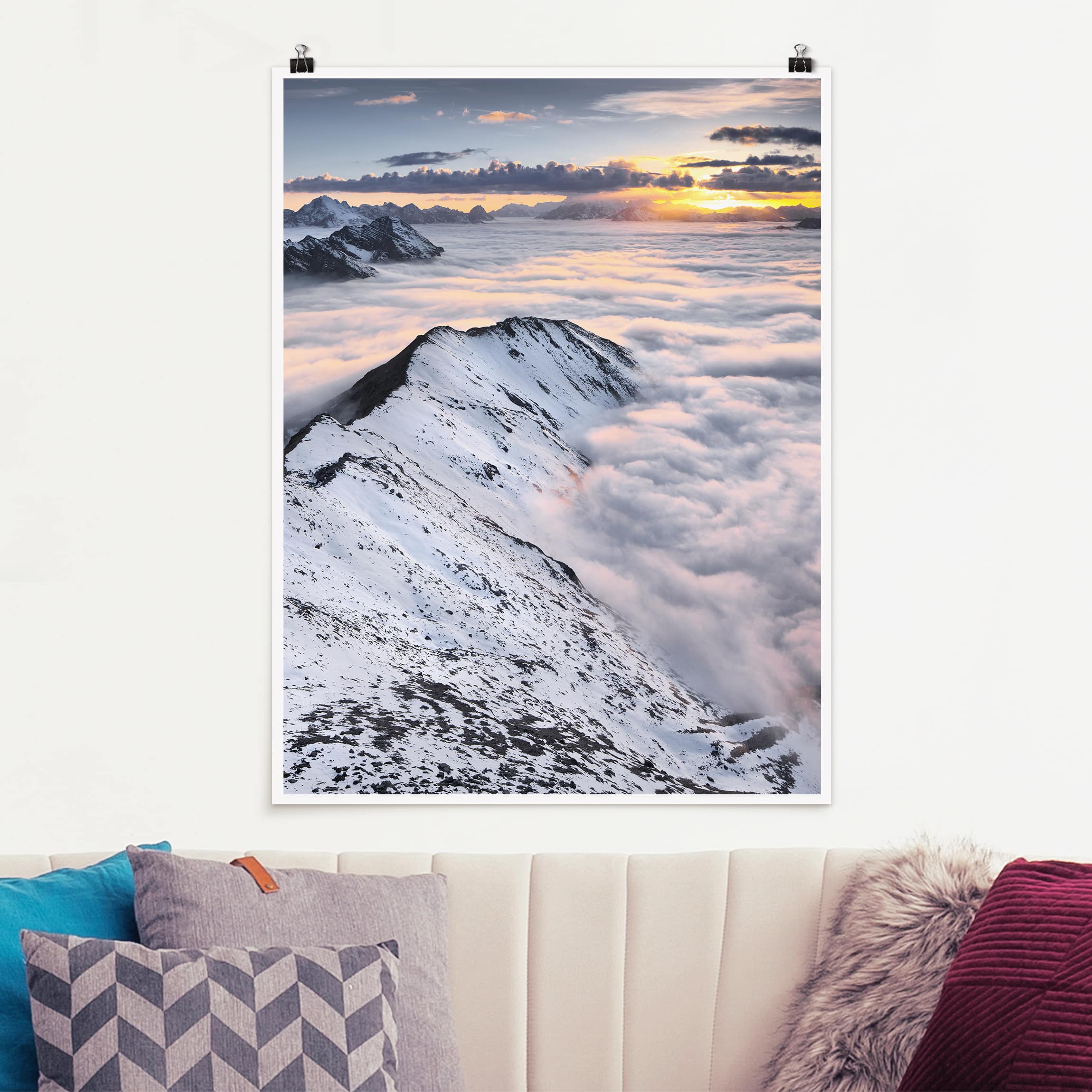 Poster Matt inkl. Posterklammern Blick über Wolken und Berge