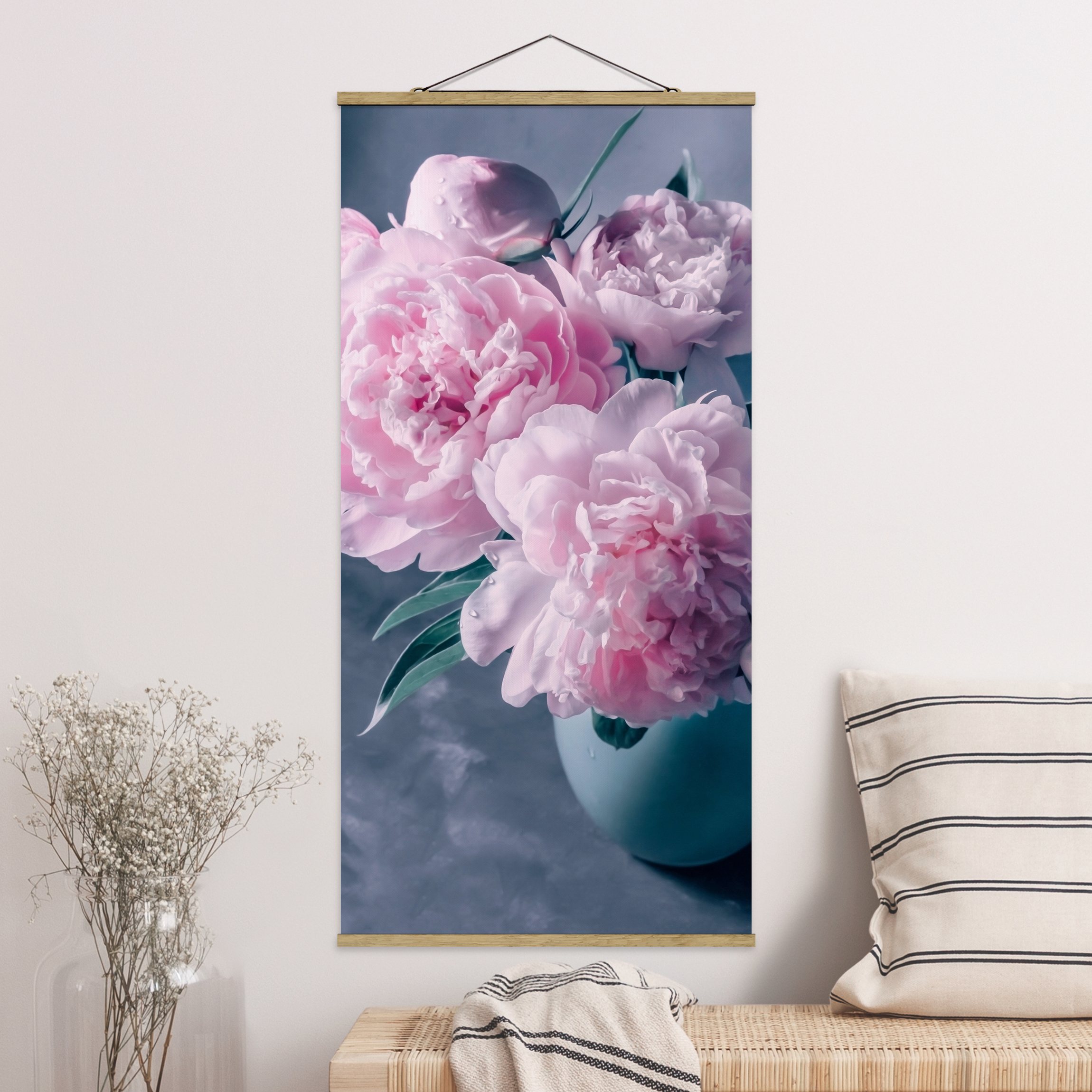 Stoffbild mit Posterleisten Vase mit Rosa Pfingstrosen Shabby