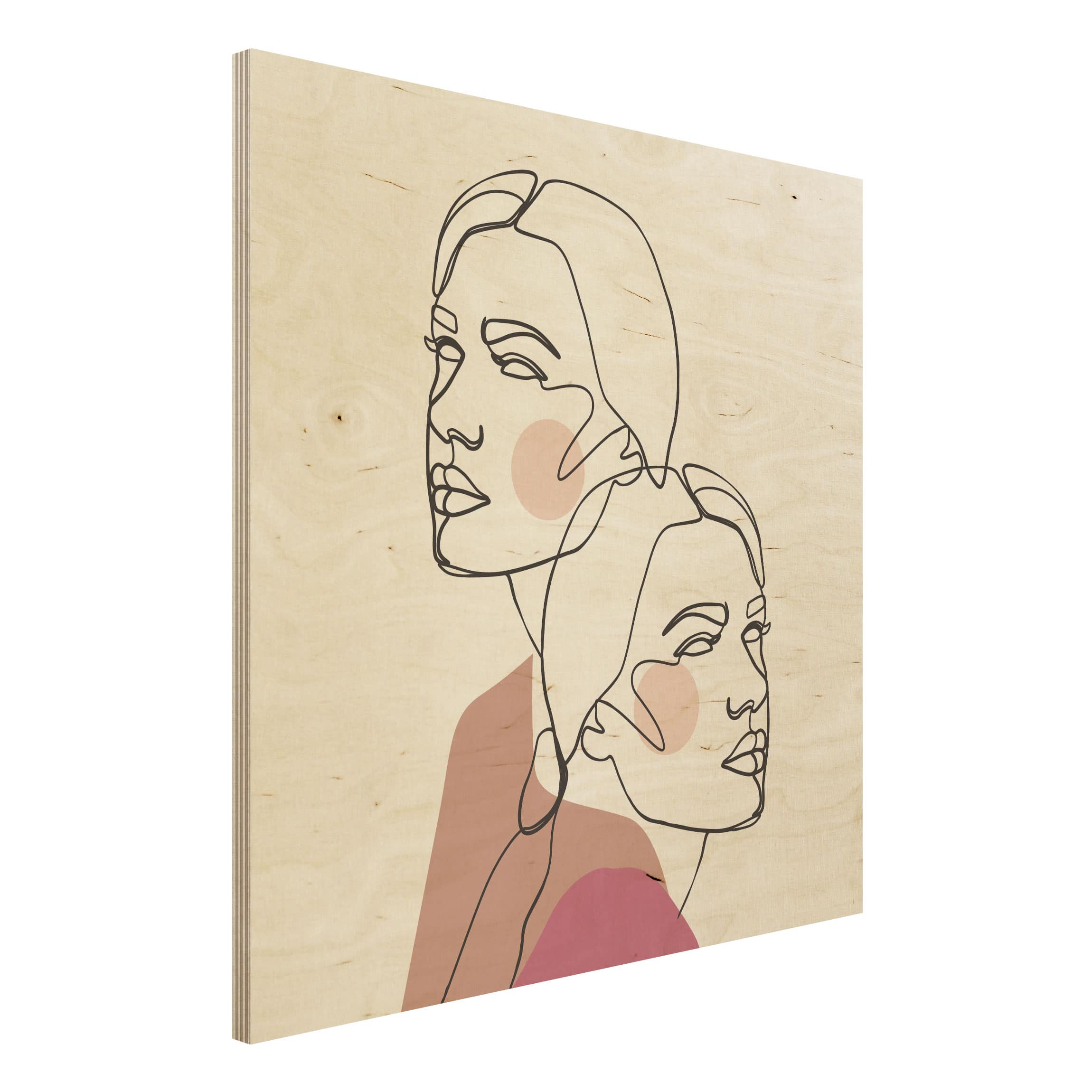 Holzbild - Quadrat Line Art Frauen Portrait Wangen Rosa