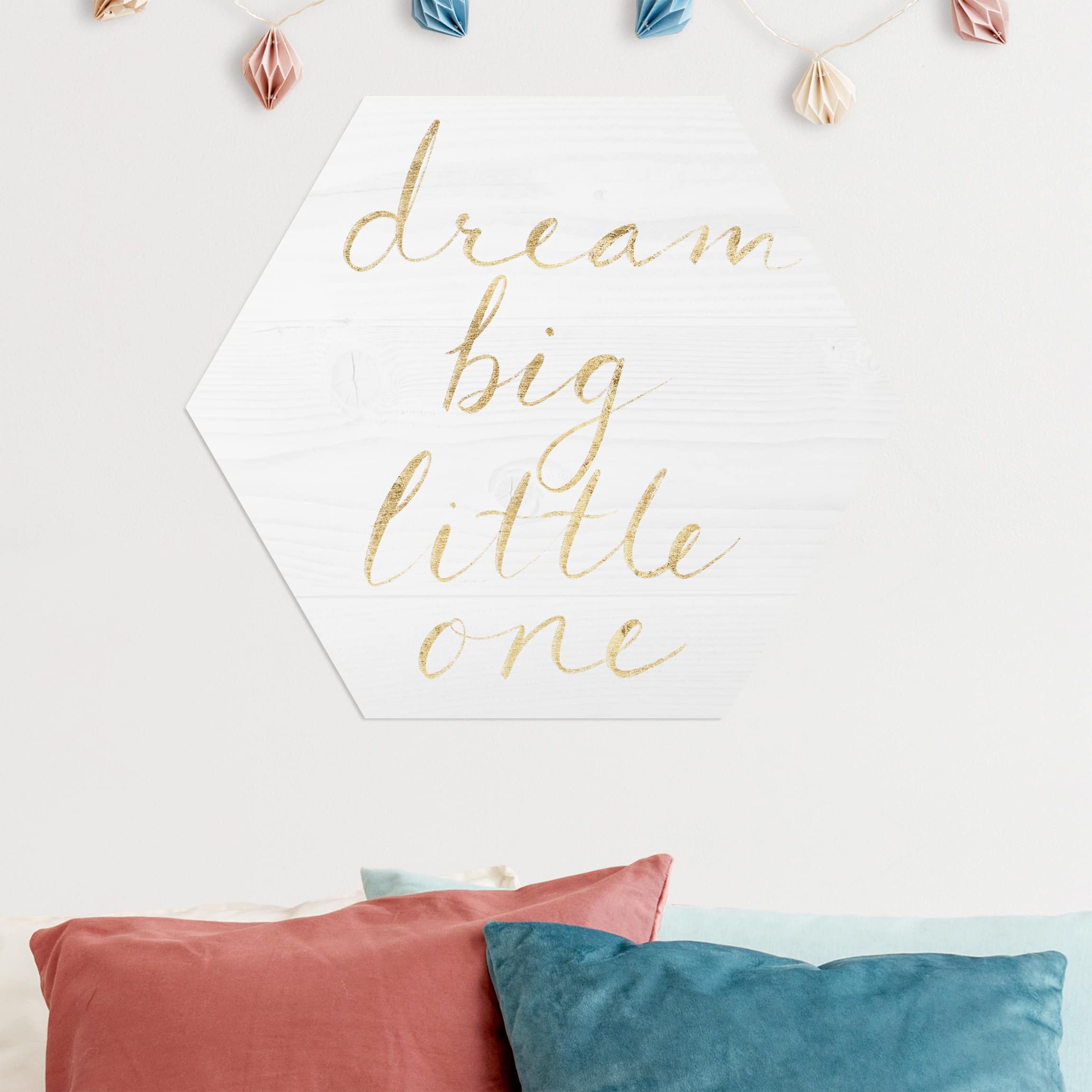 Hexagon-Alu-Dibond Bild Holzwand weiß - Dream big