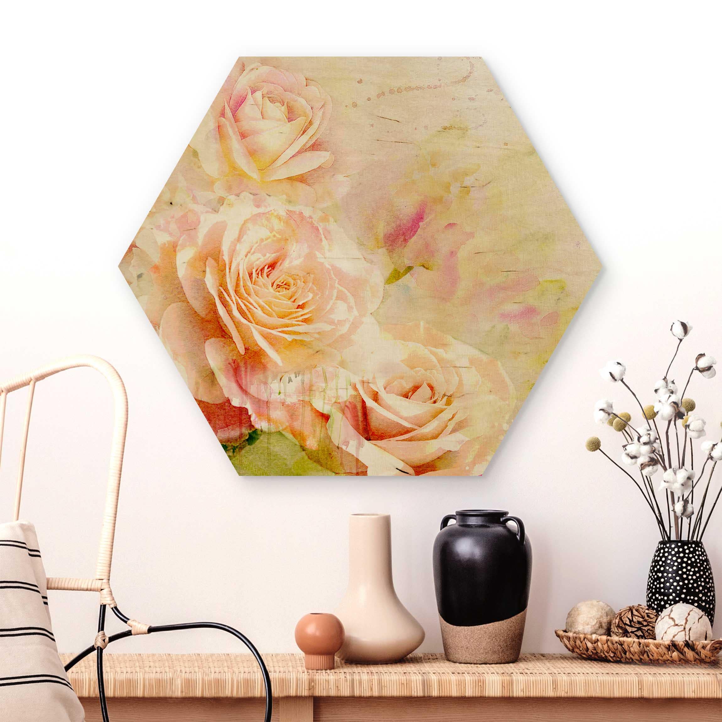 Hexagon-Holzbild Aquarell Rosen Komposition