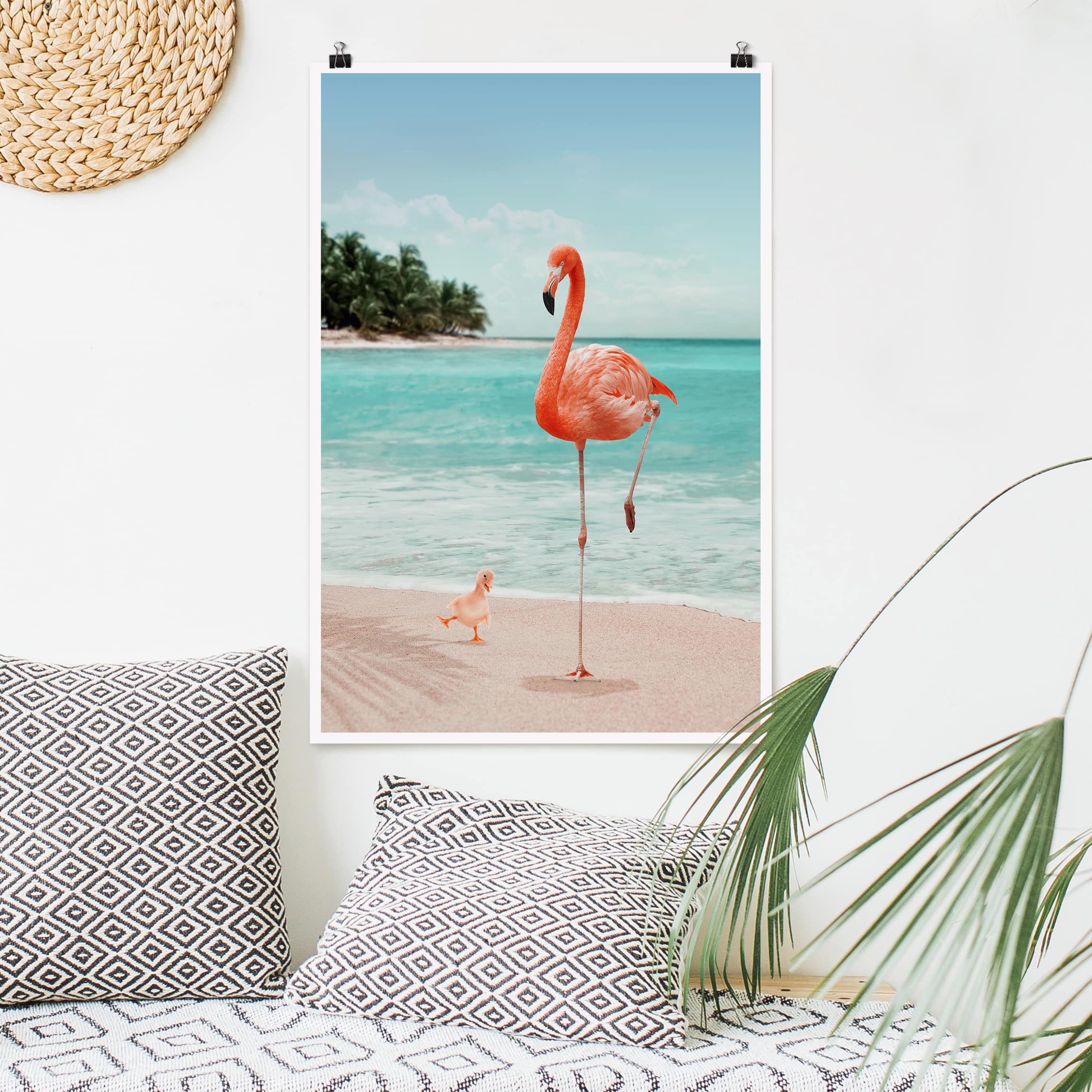 Poster - Hochformat Strand mit Flamingo
