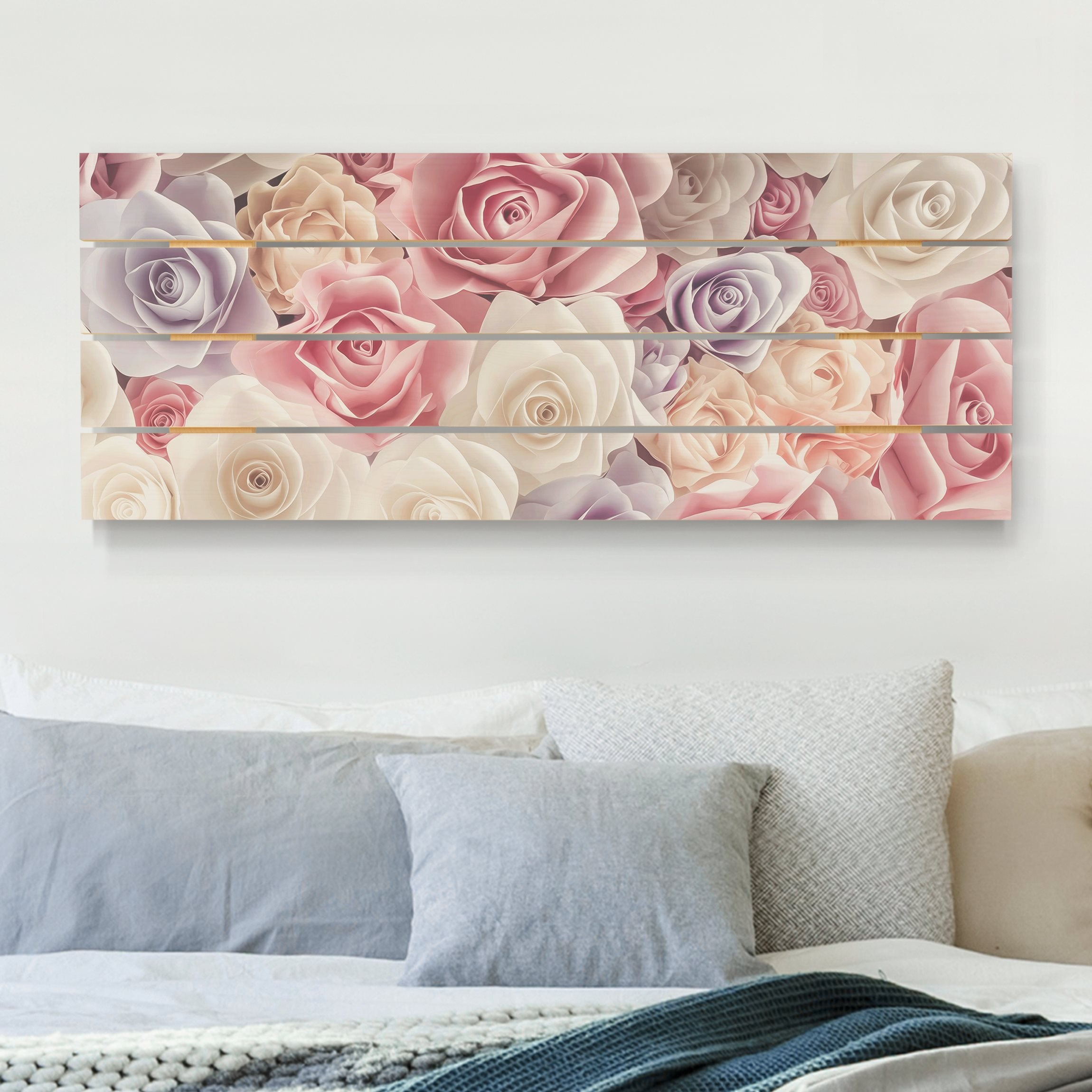 Holzbild Plankenoptik - Panorama Pastell Paper Art Rosen
