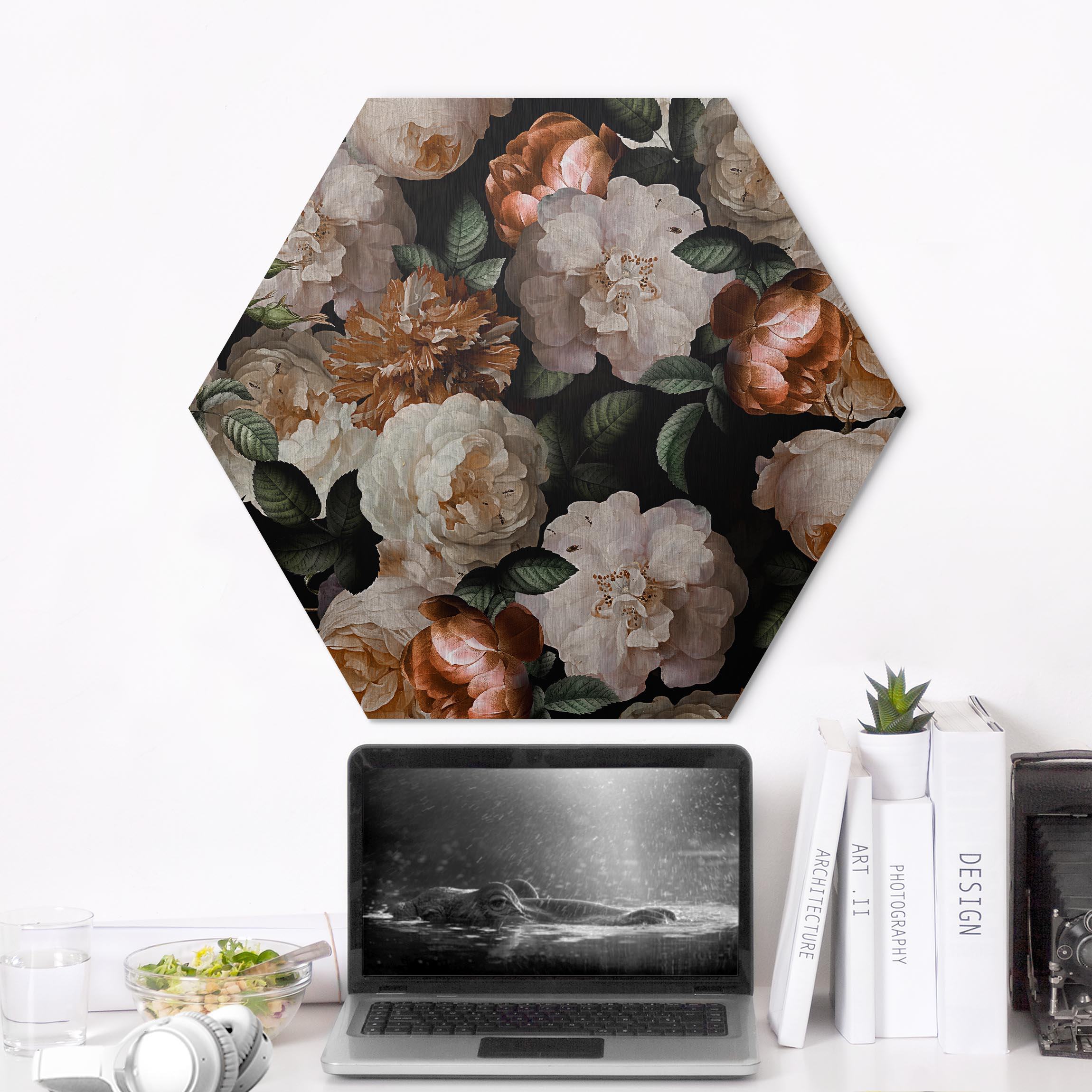 Hexagon-Alu-Dibond Bild Rote Rosen mit Weißen Rosen