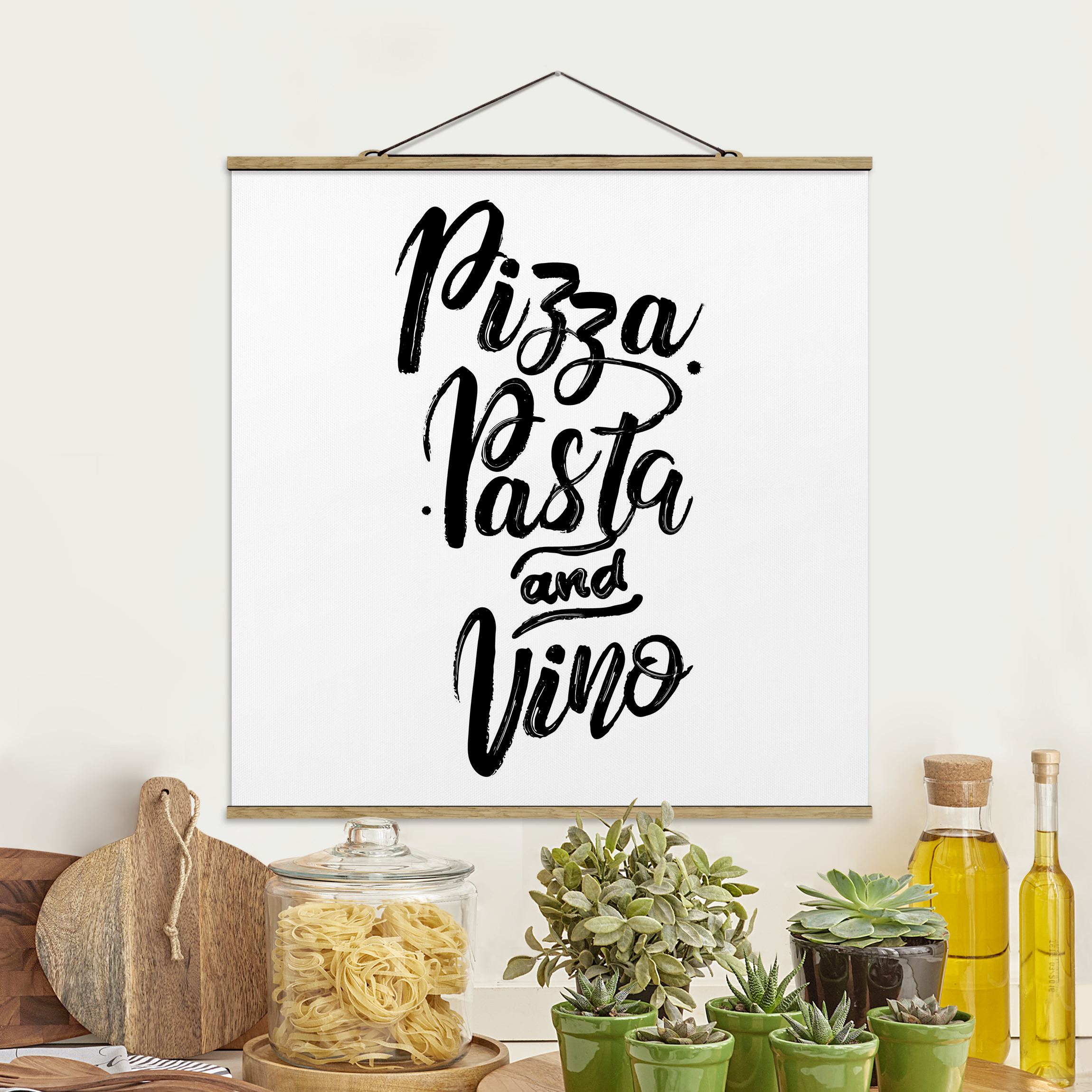 Stoffbild mit Posterleisten Pizza Pasta und Vino