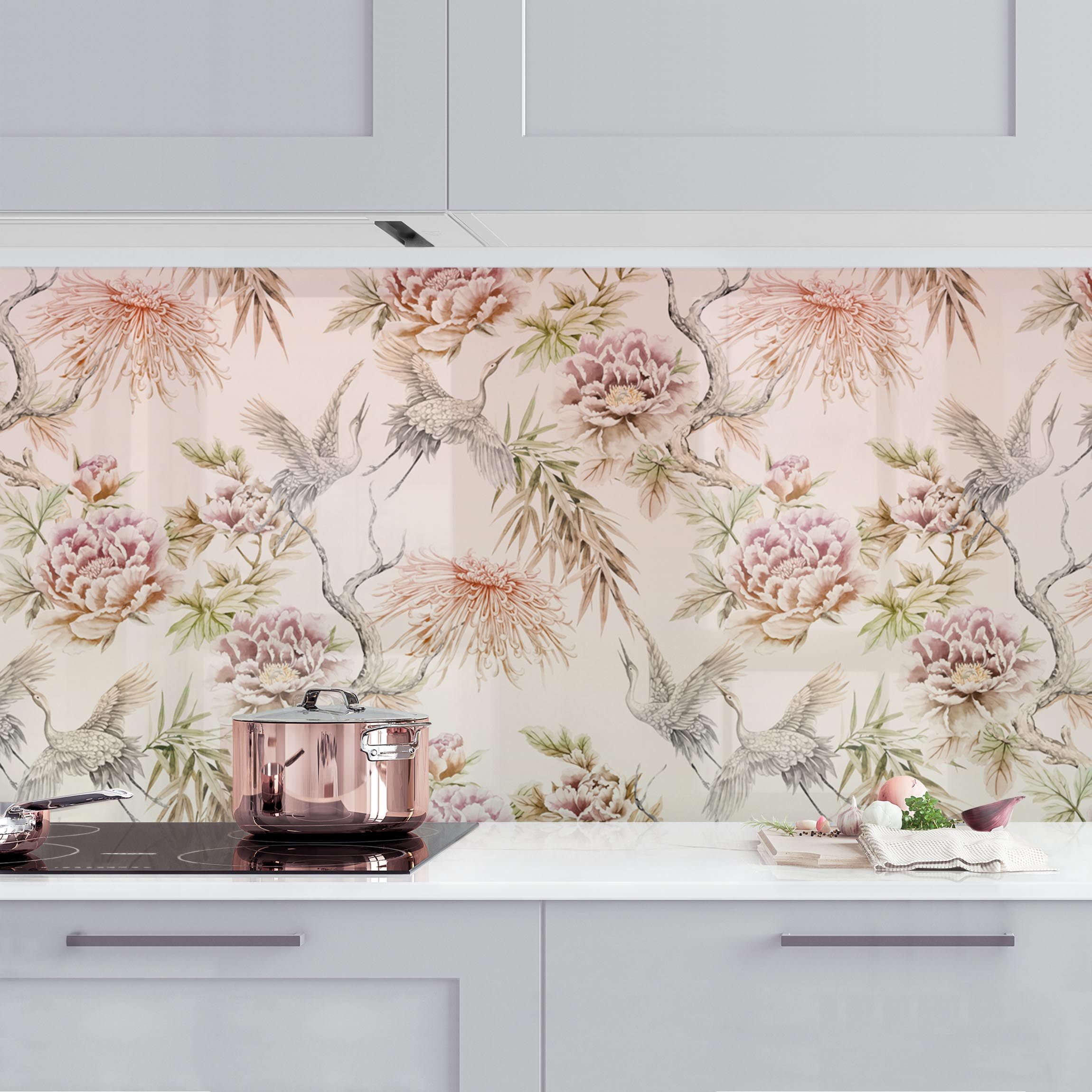 Küchenrückwand Aquarell Vögel mit großen Blüten in Ombre