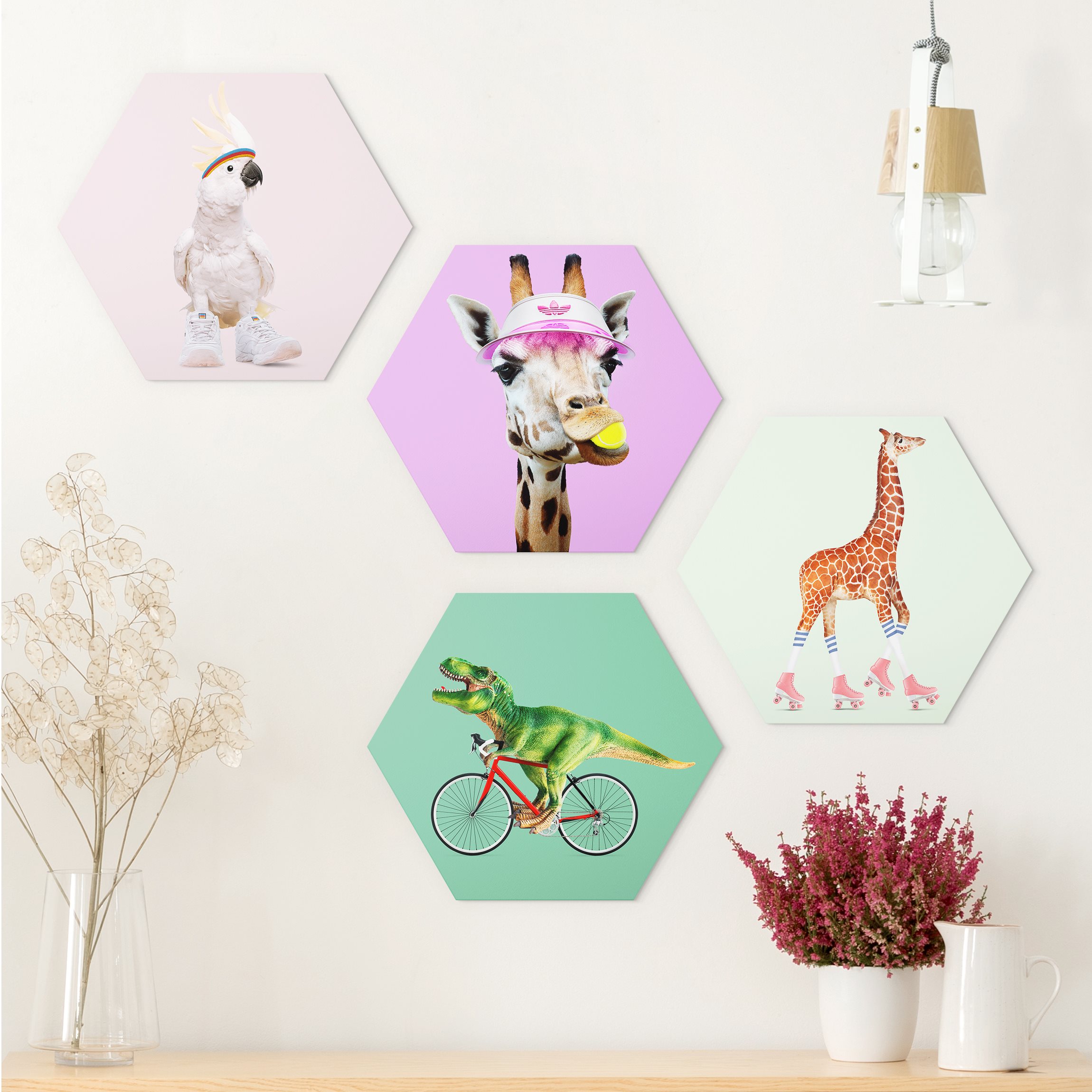 4-teiliges Hexagon-Alu-Dibond Bild Giraffen Dino Kakadu Sport Set II
