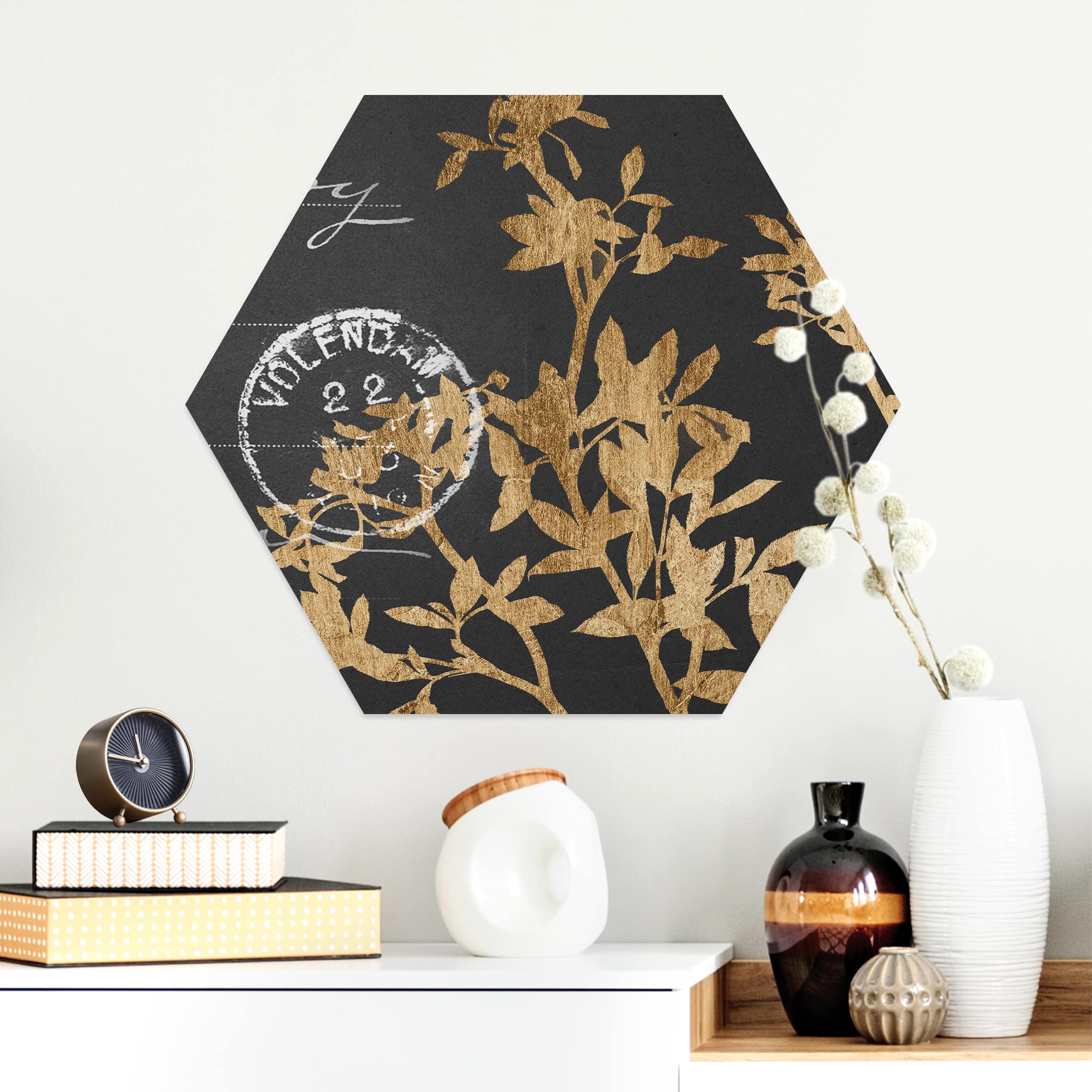 Hexagon-Alu-Dibond Bild Goldene Blätter auf Mokka II