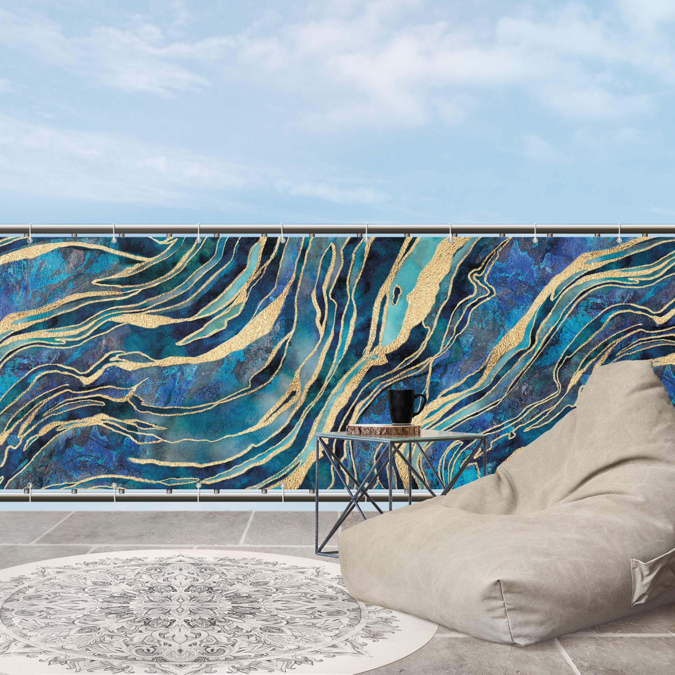 Balkon Sichtschutz Edelstein Aquamarin und Gold