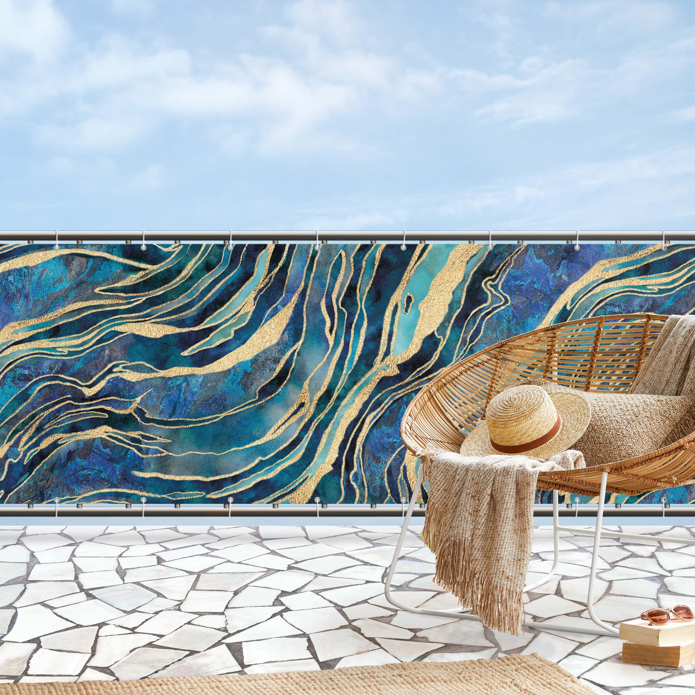 Balkon Sichtschutz Edelstein Aquamarin und Gold