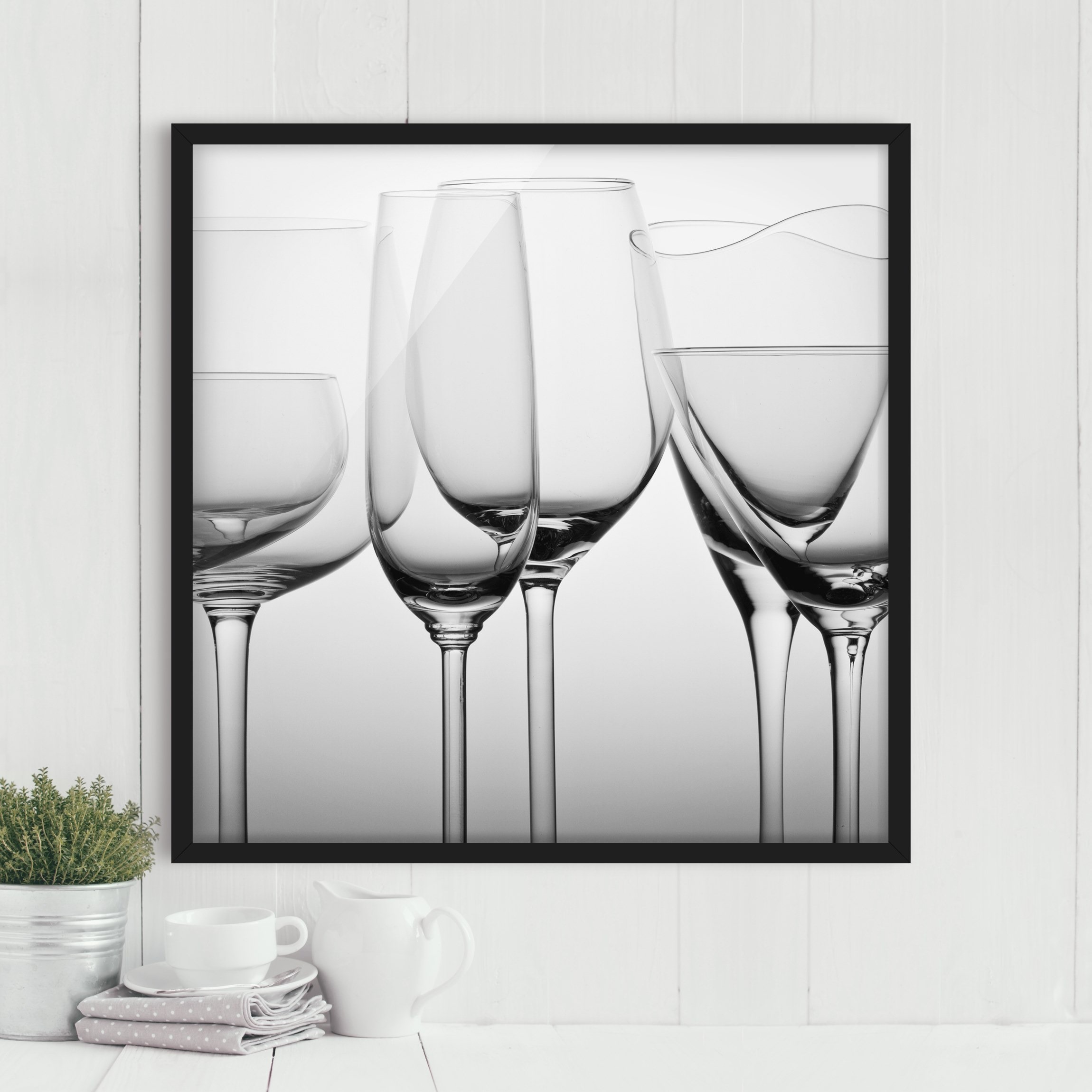 Bild mit Rahmen Edle Gläser Schwarz-Weiß