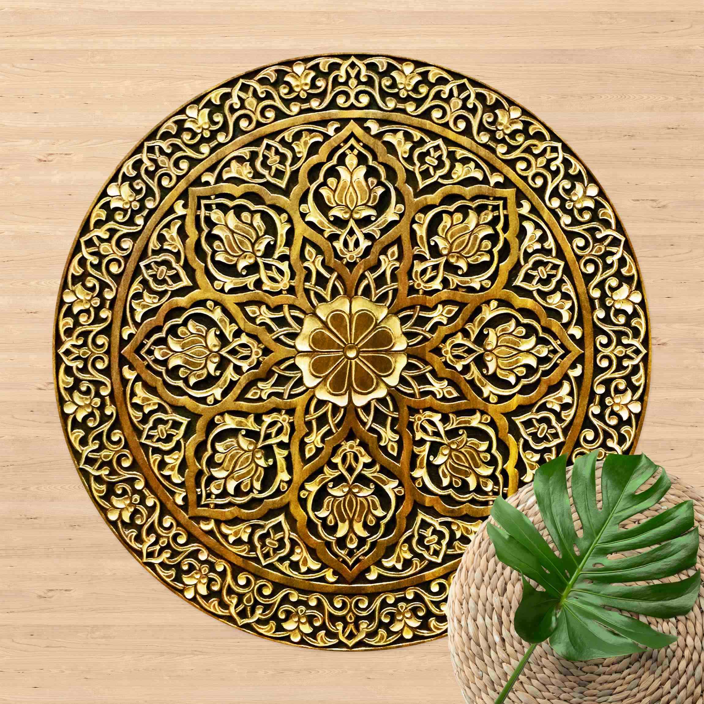 Runder Vinyl-Teppich Edles Mandala in Holzoptik