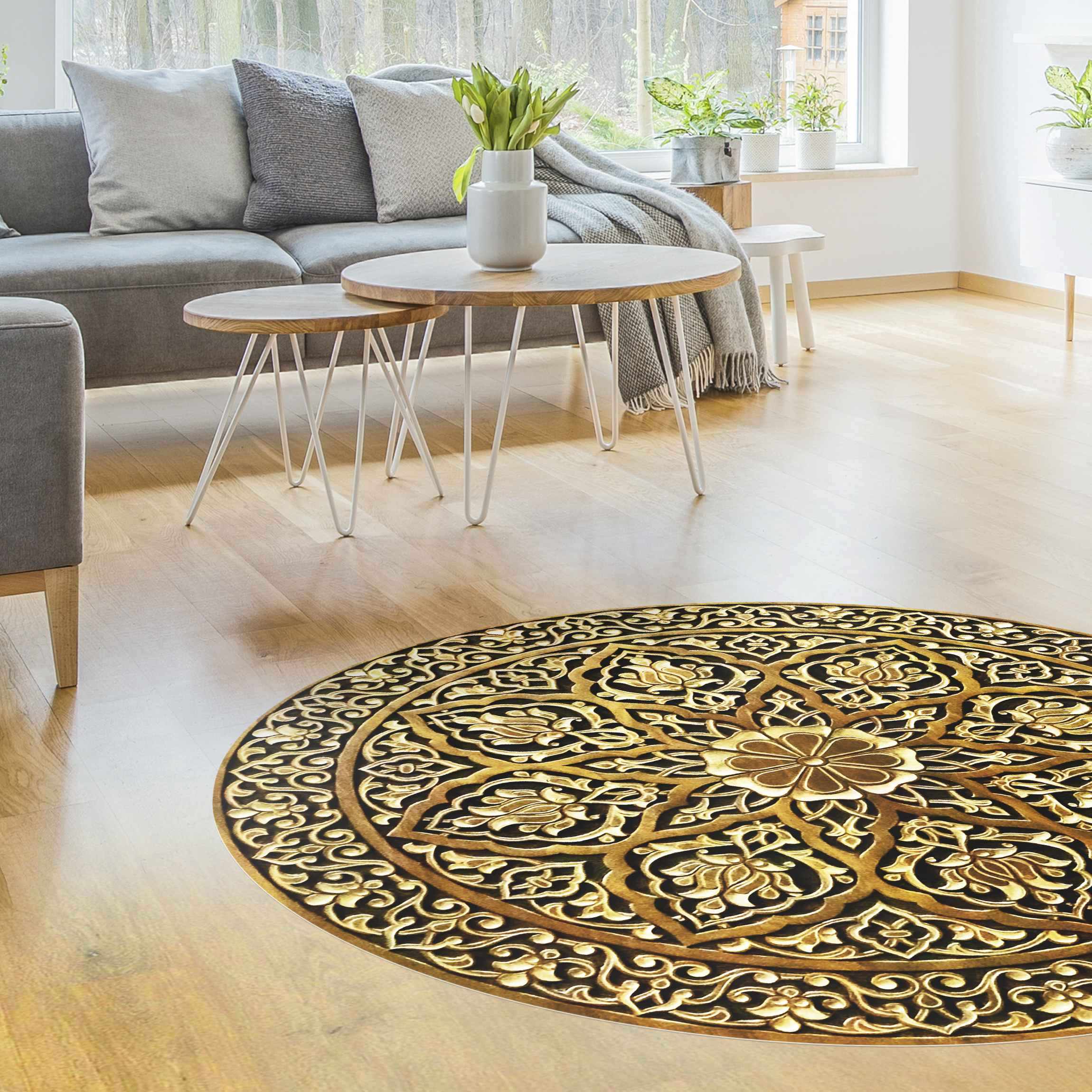 Runder Vinyl-Teppich Edles Mandala in Holzoptik