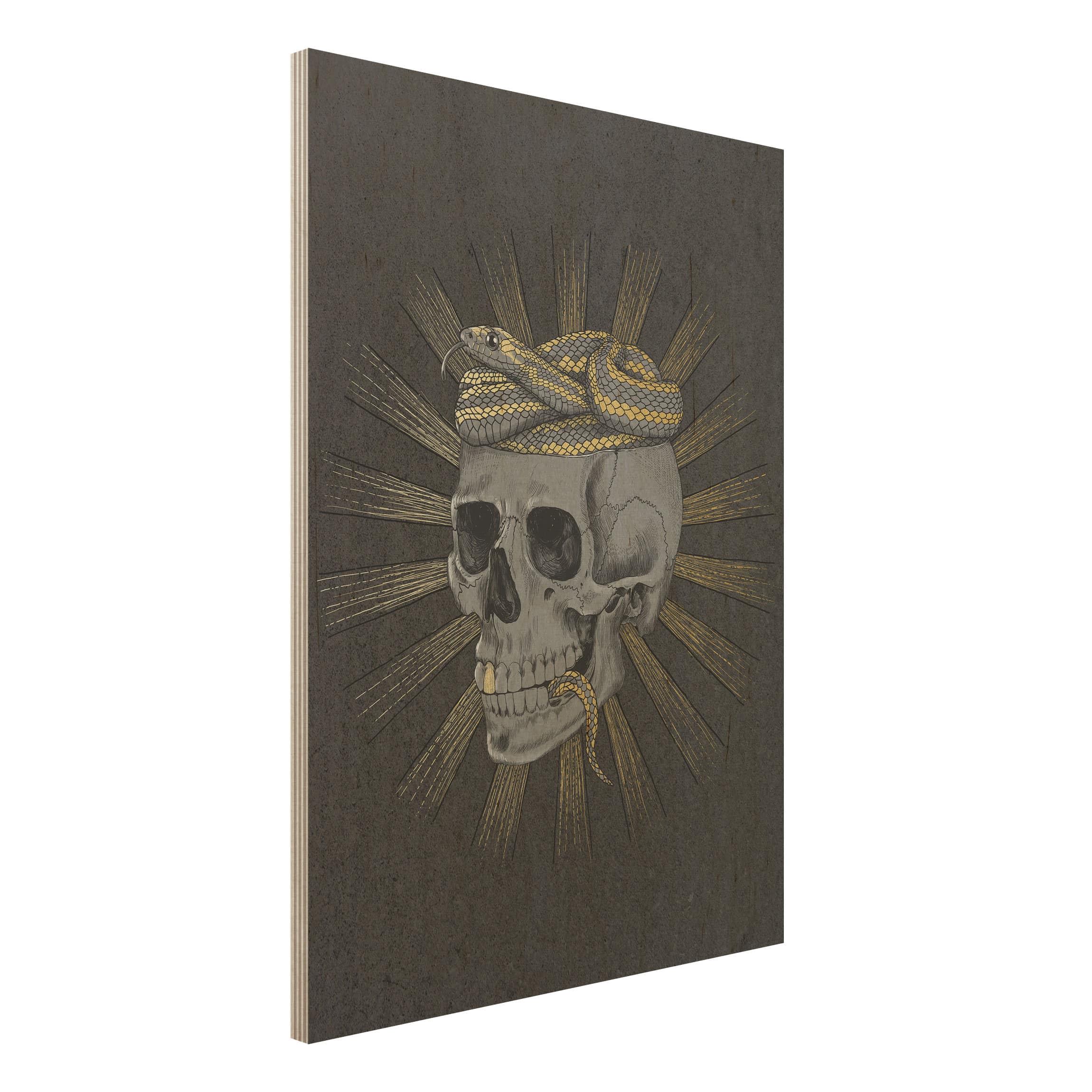 Holzbild - Hochformat 3:4 Illustration Totenkopf und Schlange Schwarz Gold