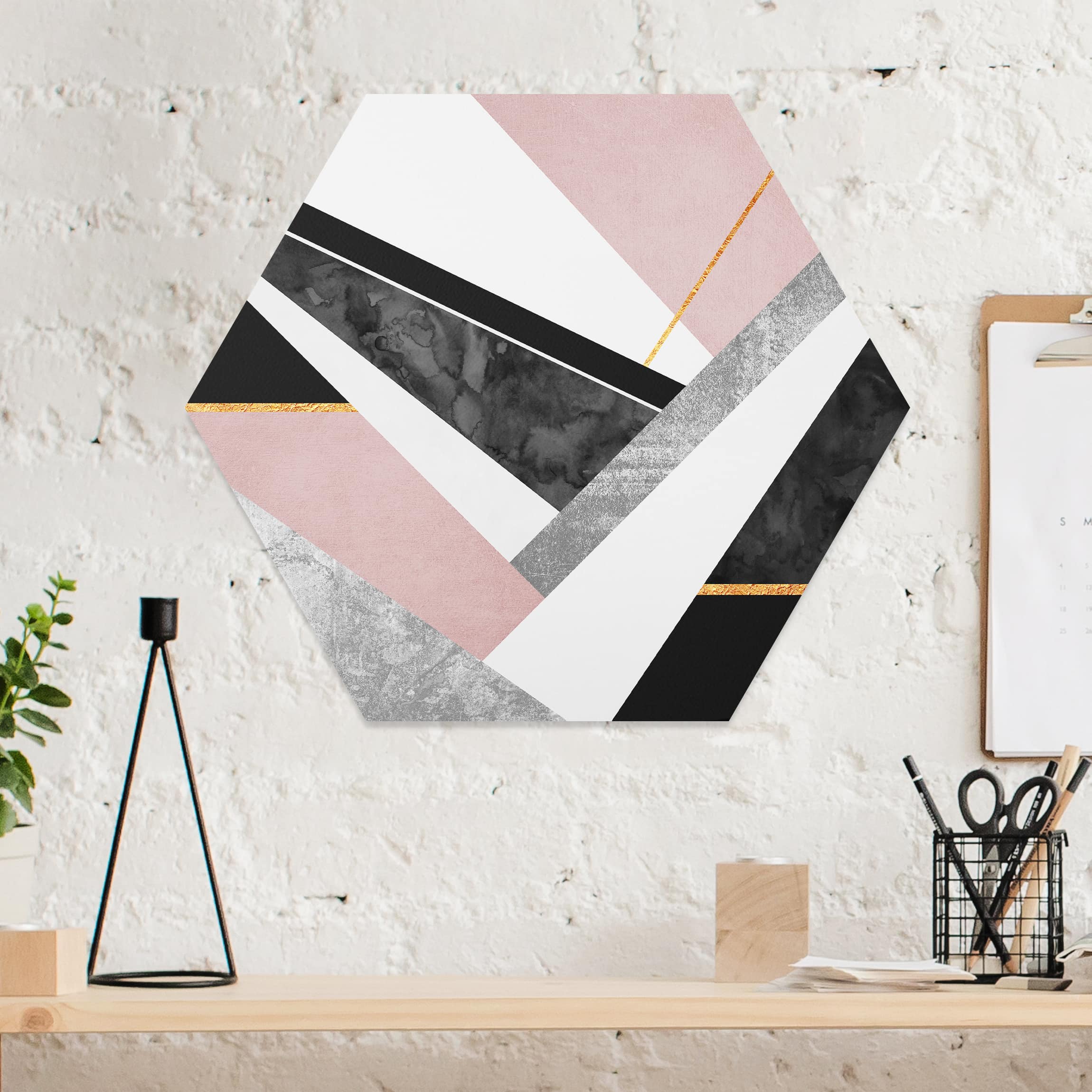 Hexagon-Forexbild Schwarz Weiß Geometrie mit Gold