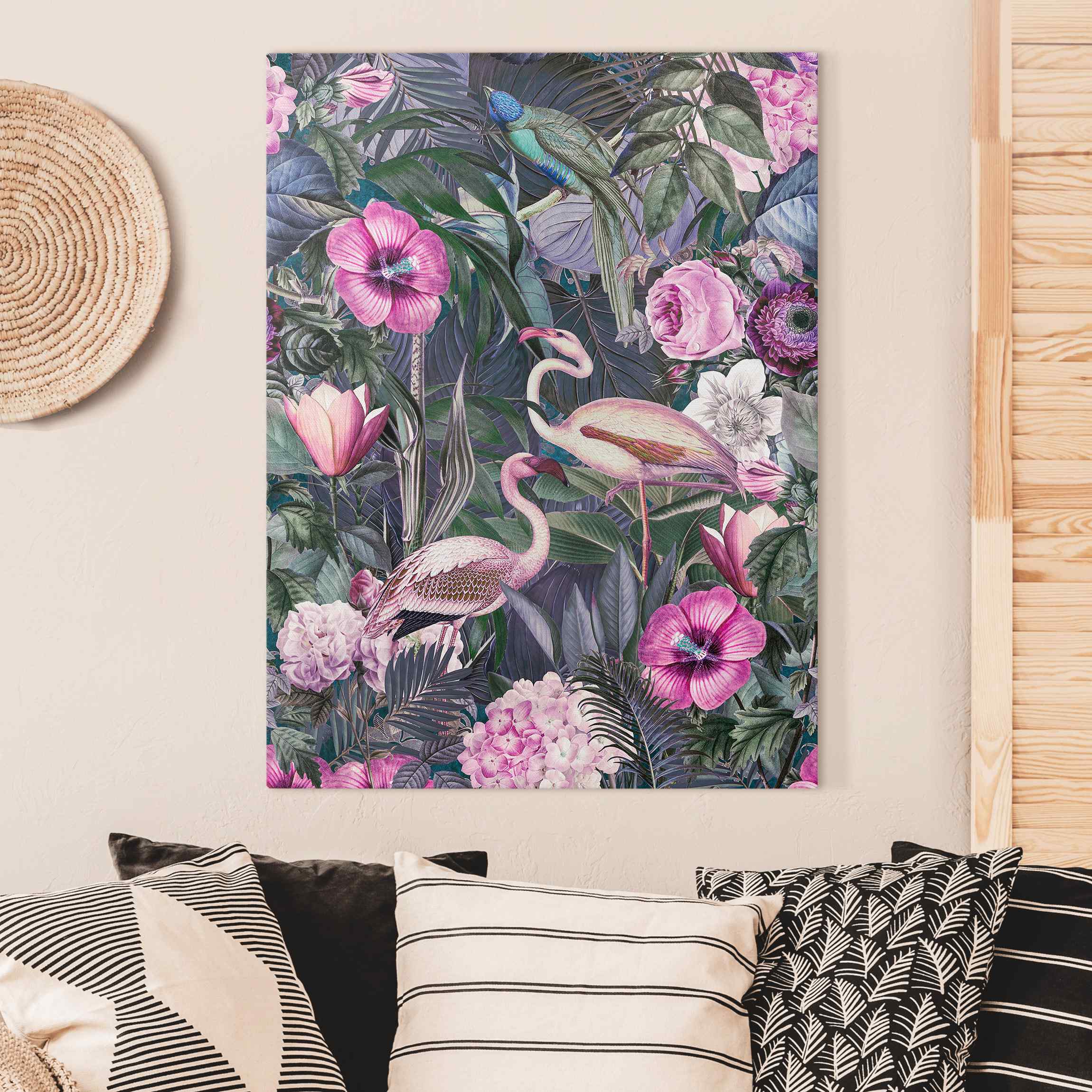 Leinwandbild Bunte Collage - Pinke Flamingos im Dschungel