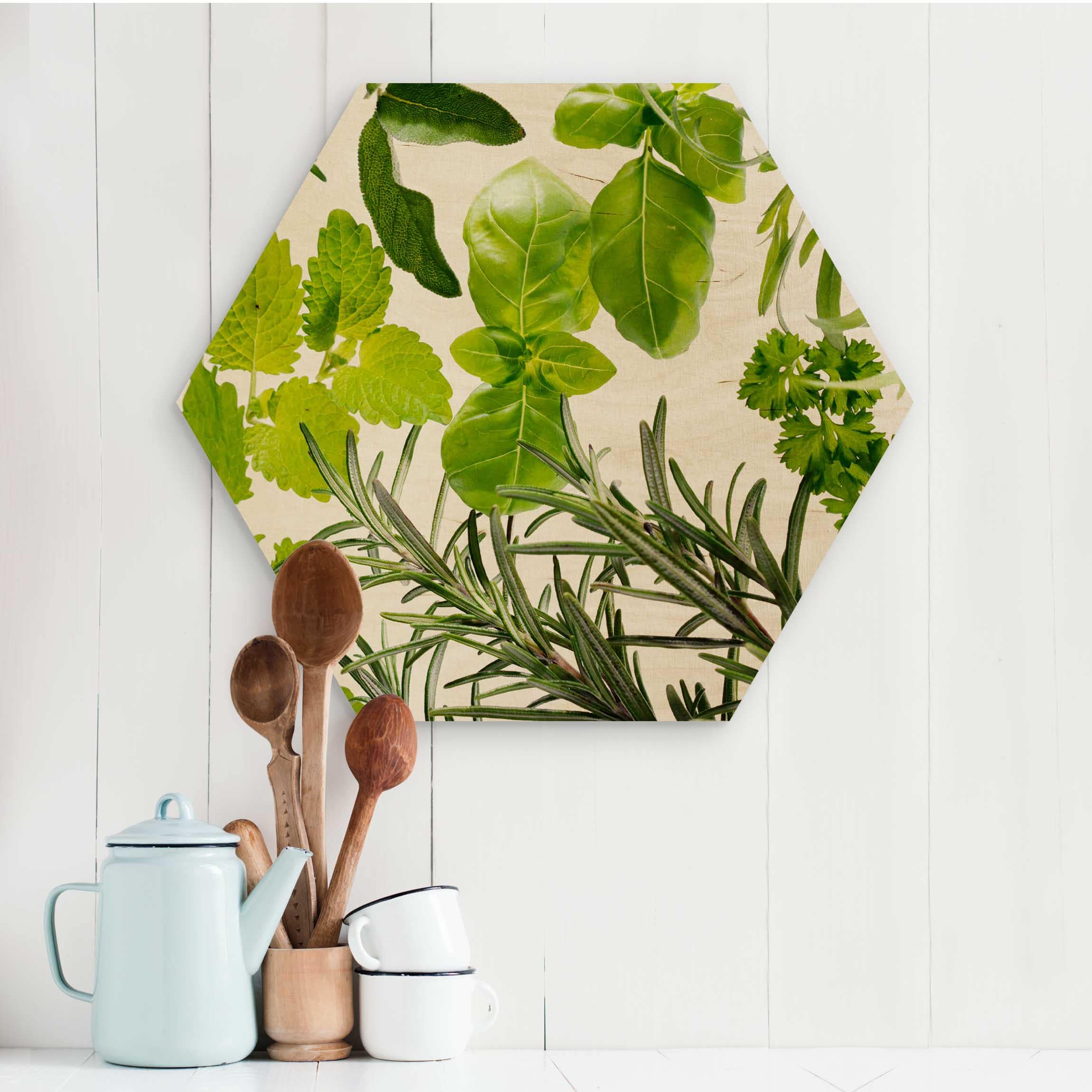 Hexagon-Holzbild Verschiedene Kräuter