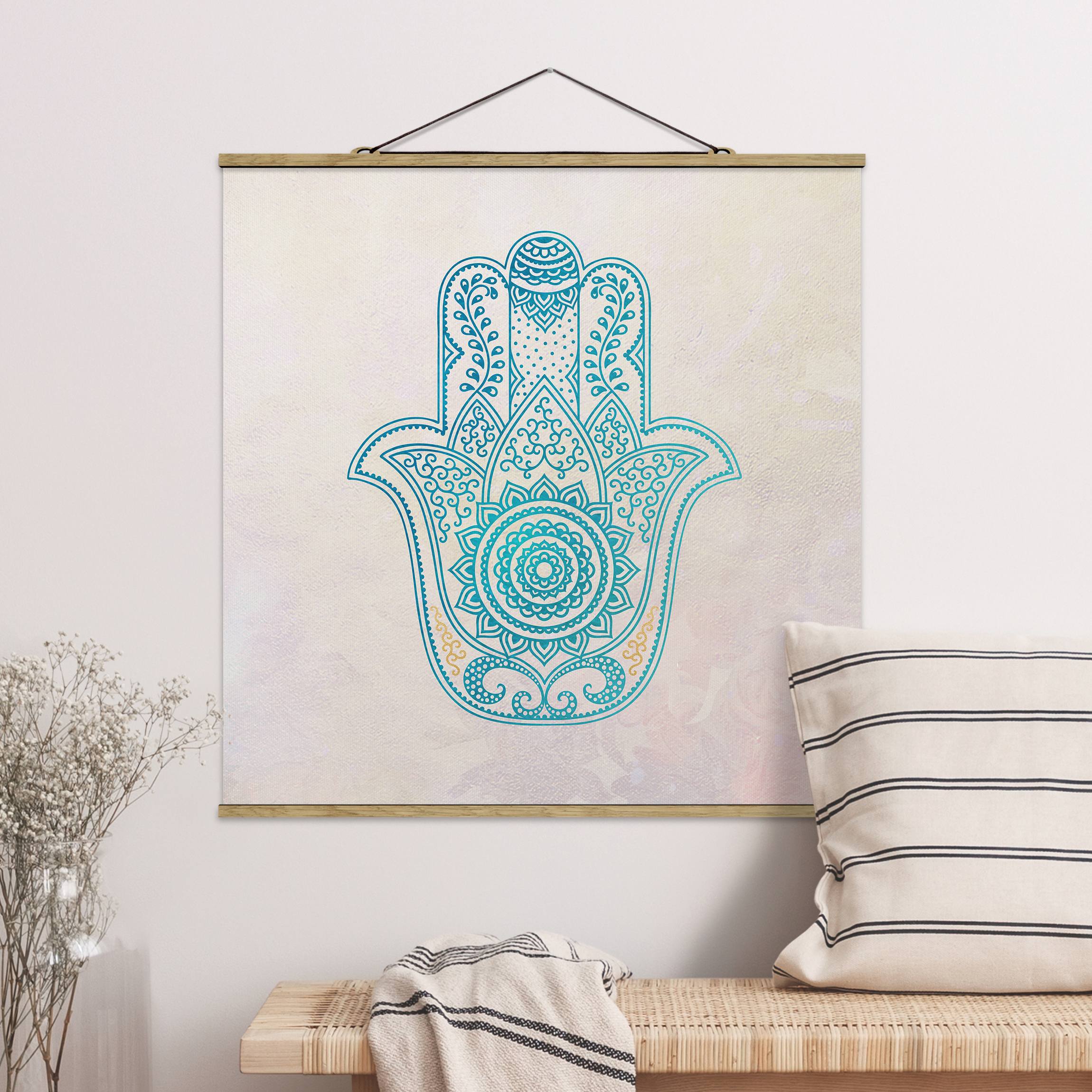 Stoffbild - Quadrat Hamsa Hand Illustration Mandala gold blau