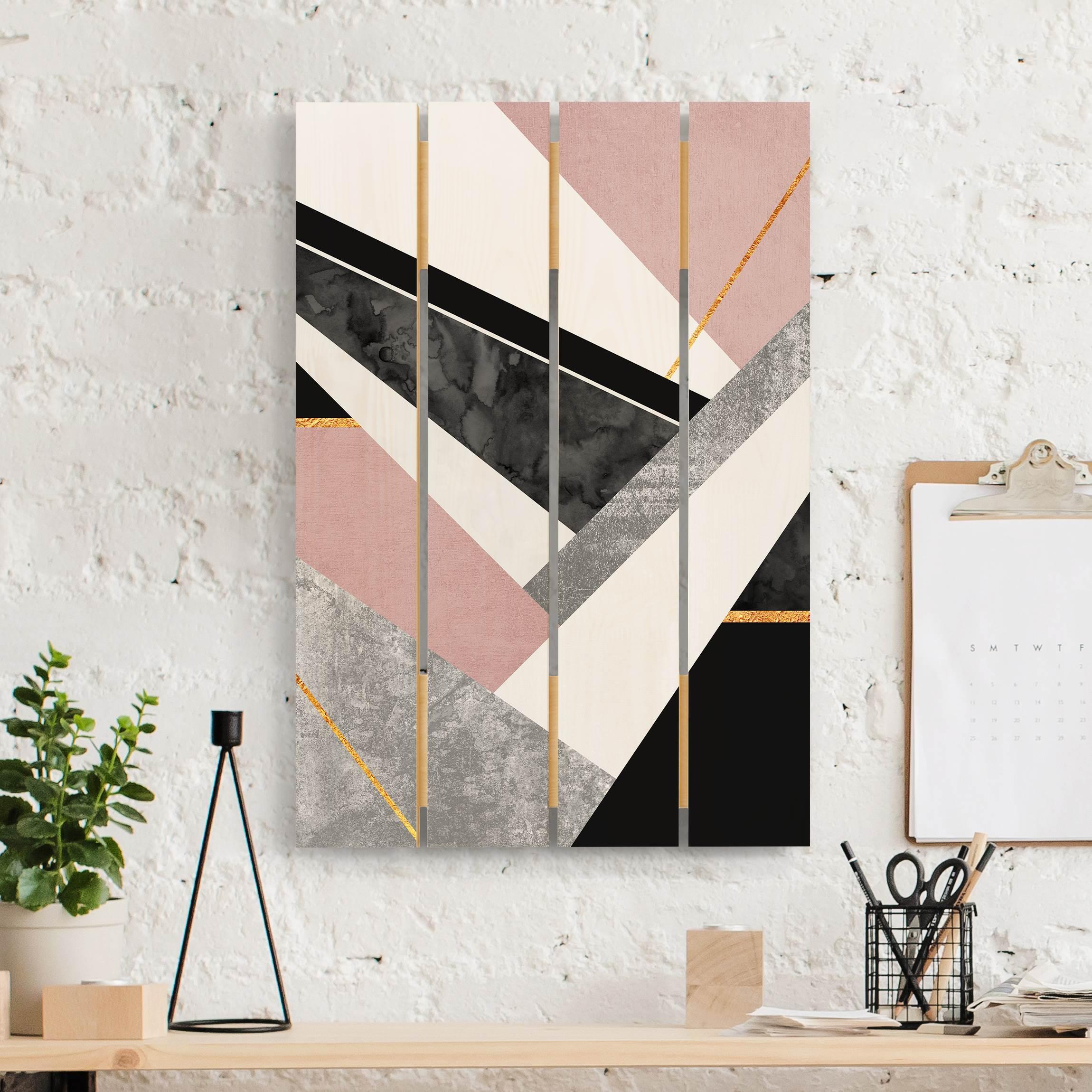 Holzbild Plankenoptik Schwarz Weiß Geometrie mit Gold
