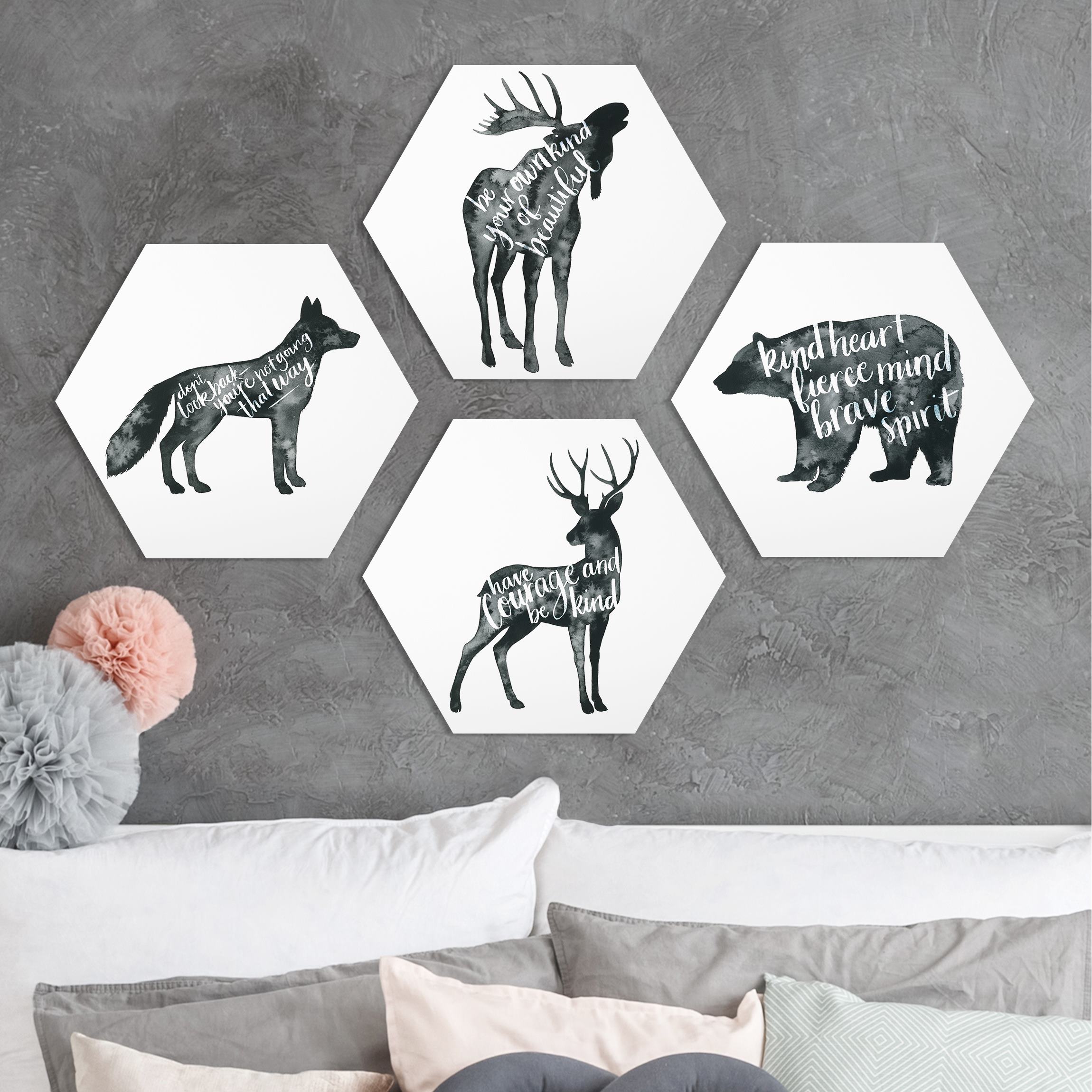 4-teiliges Hexagon-Forexbild Tiere mit Weisheit Set I
