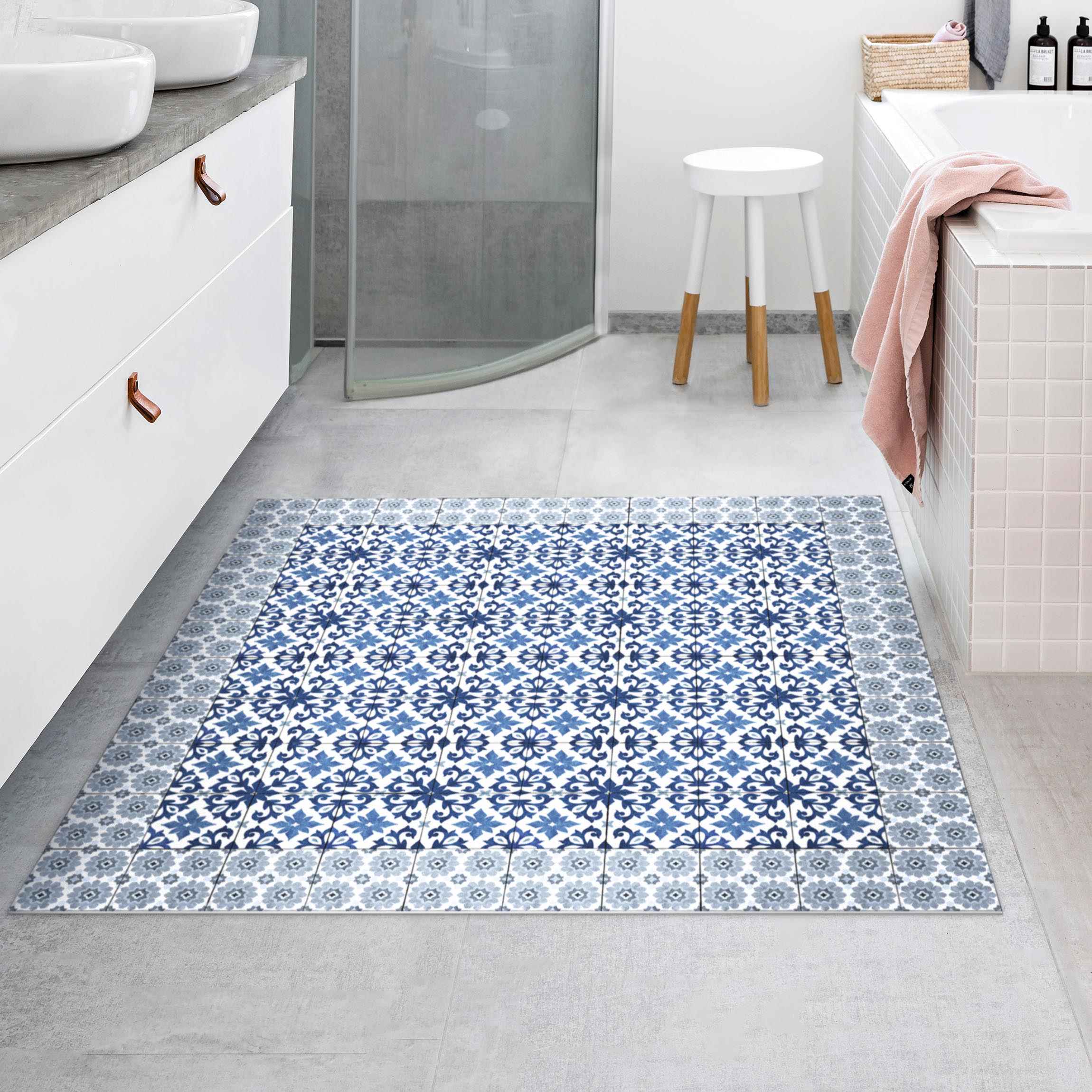 Vinylteppich Marokkanische Fliesen Florale Blaupause mit Fliesenrahmen