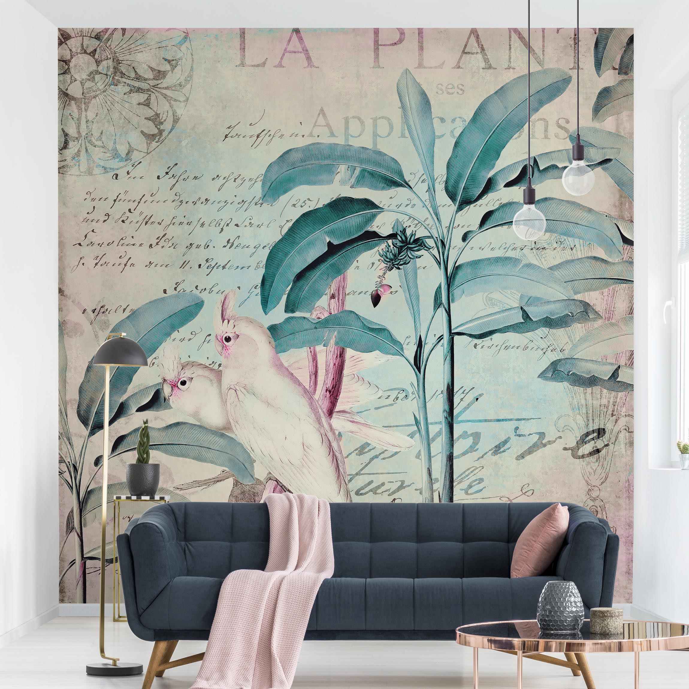 Fototapete Tiere Colonial Style Collage - Kakadus und Palmen