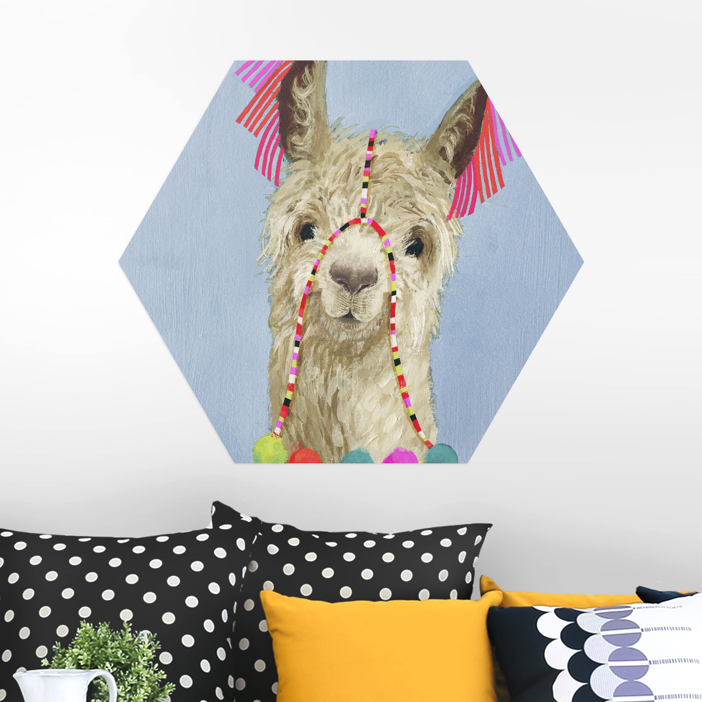 Hexagon-Alu-Dibond Bild Lama mit Schmuck IV