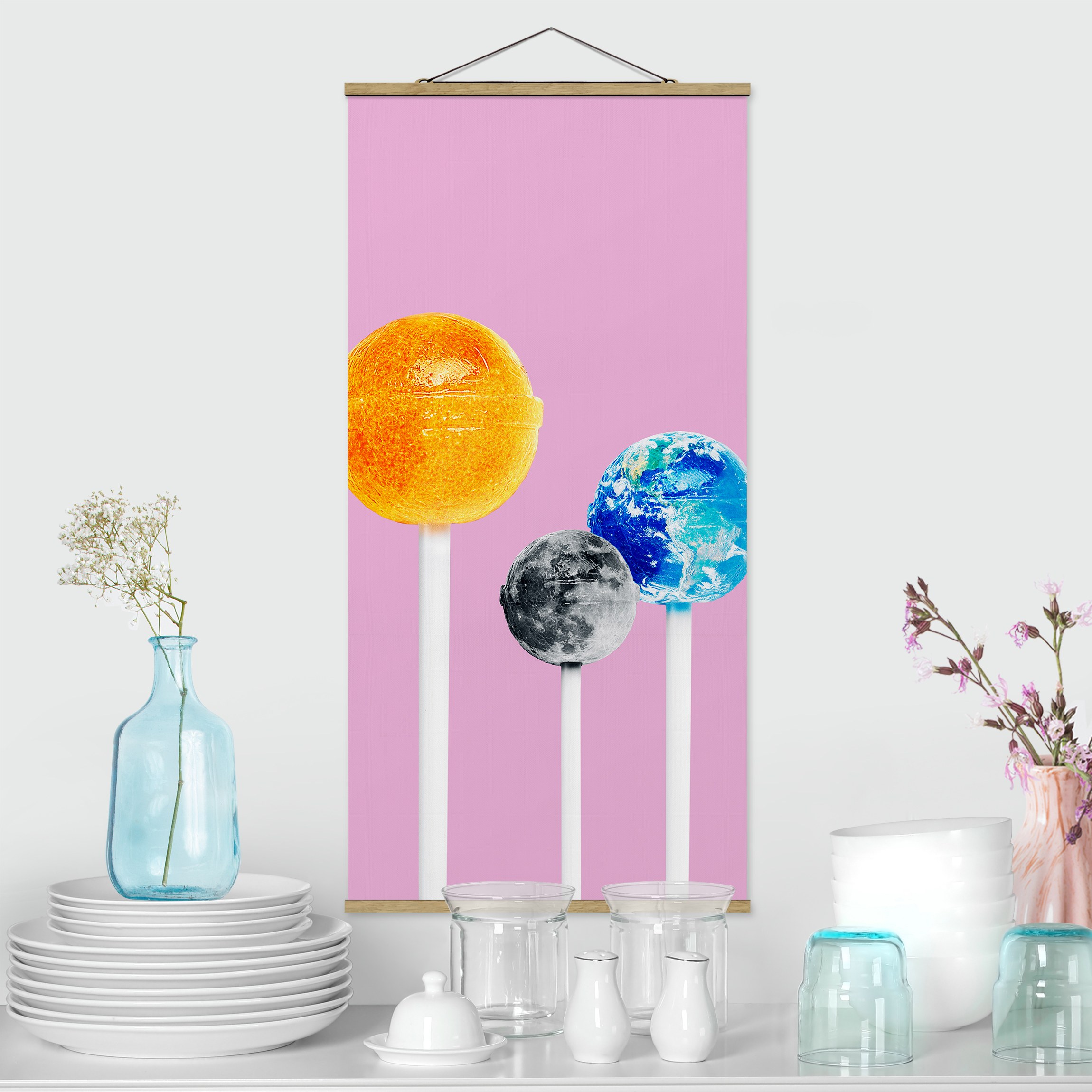 Stoffbild mit Posterleisten Lollipops mit Planeten