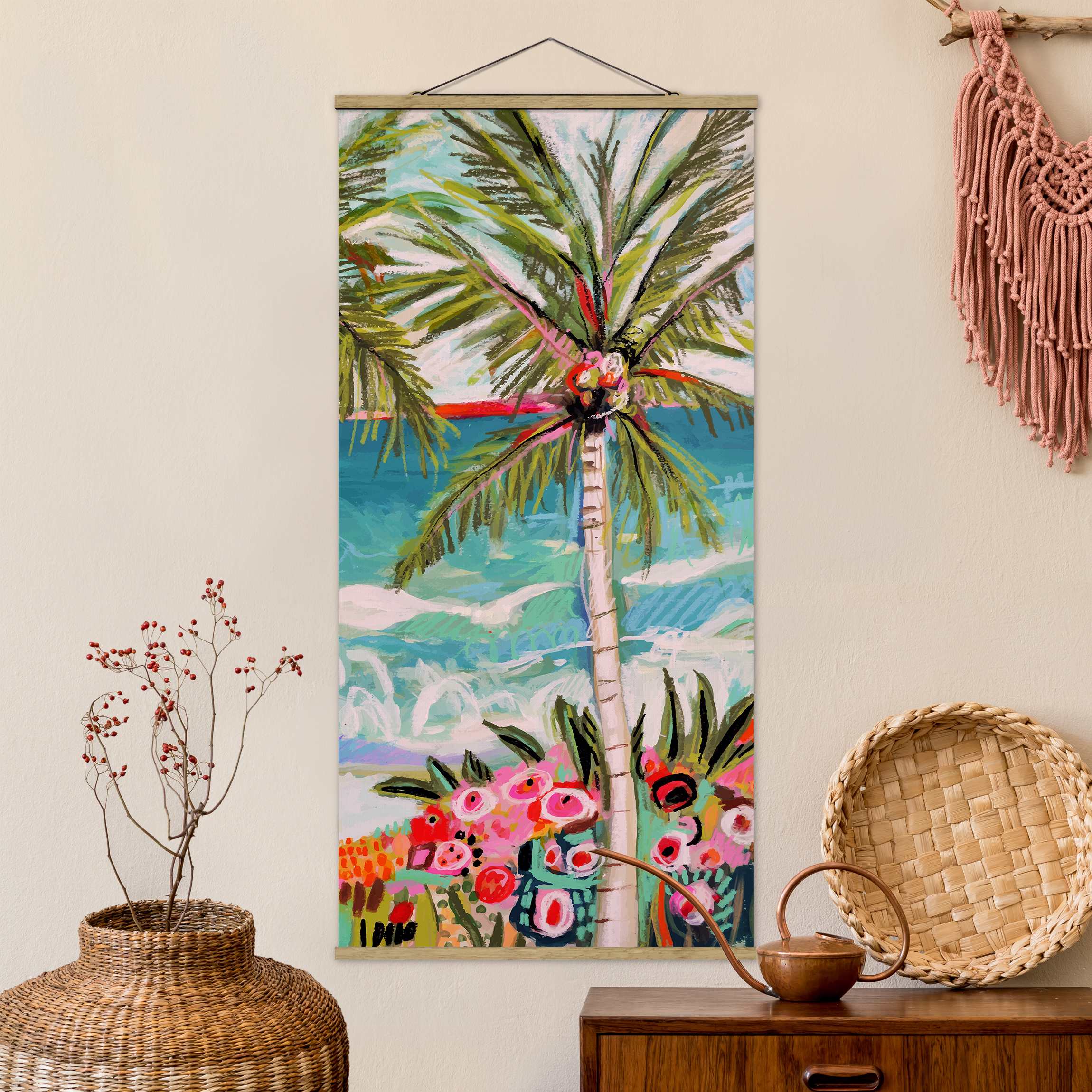 Stoffbild - Hochformat Palme mit pinken Blumen II