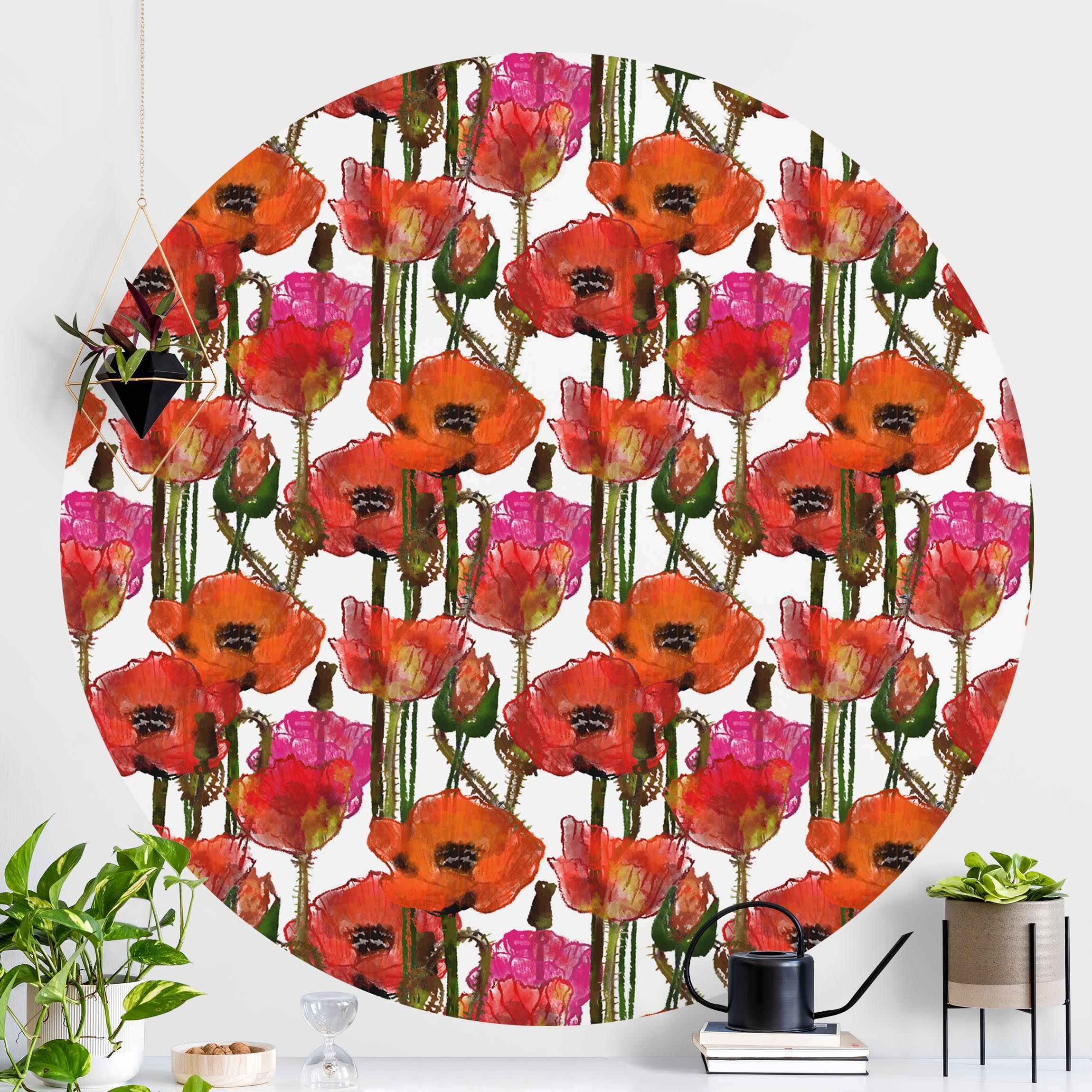 Runde Tapete selbstklebend Ein Feld voller Mohnblumen