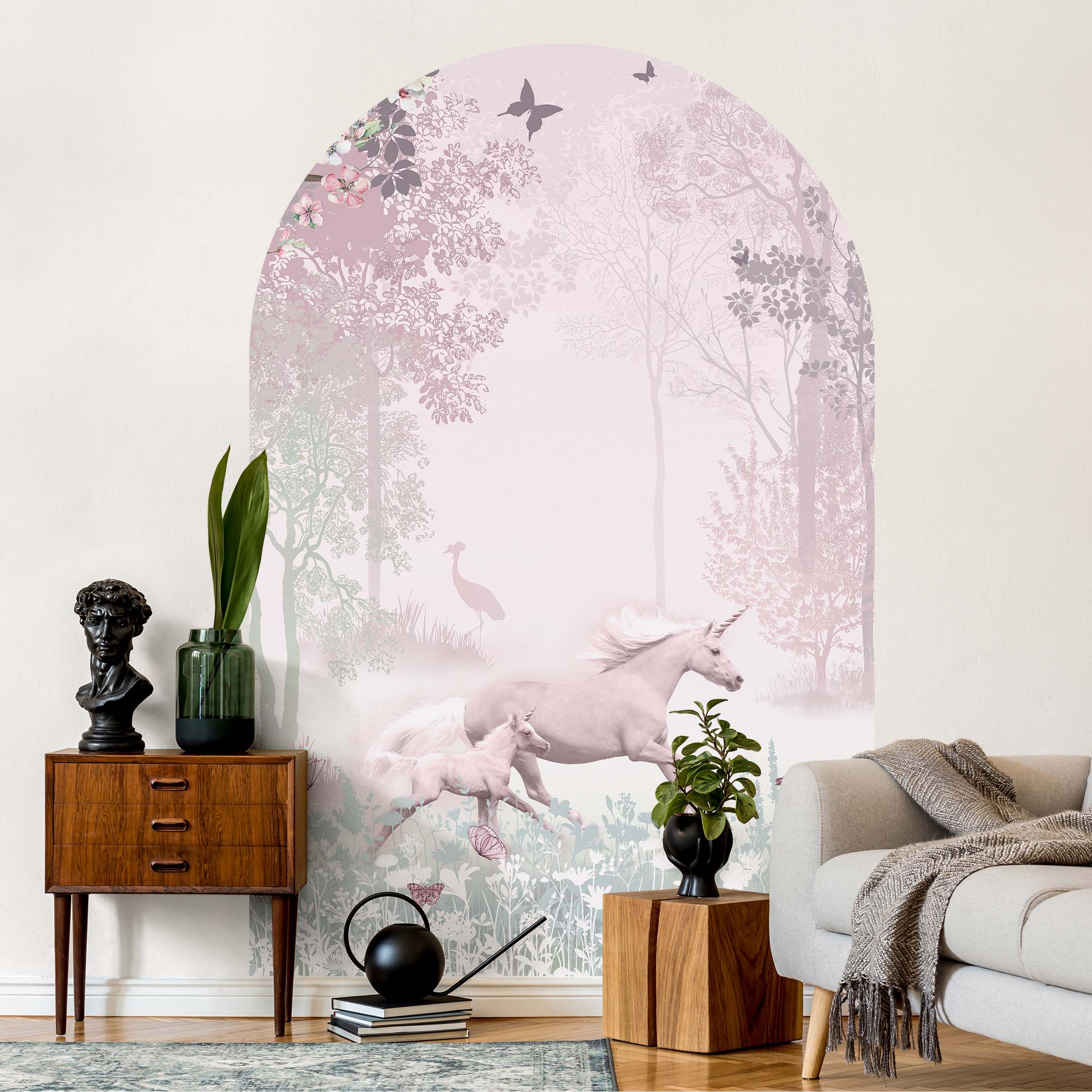 Rundbogen Tapete Einhorn auf Blumenwiese in Rosa