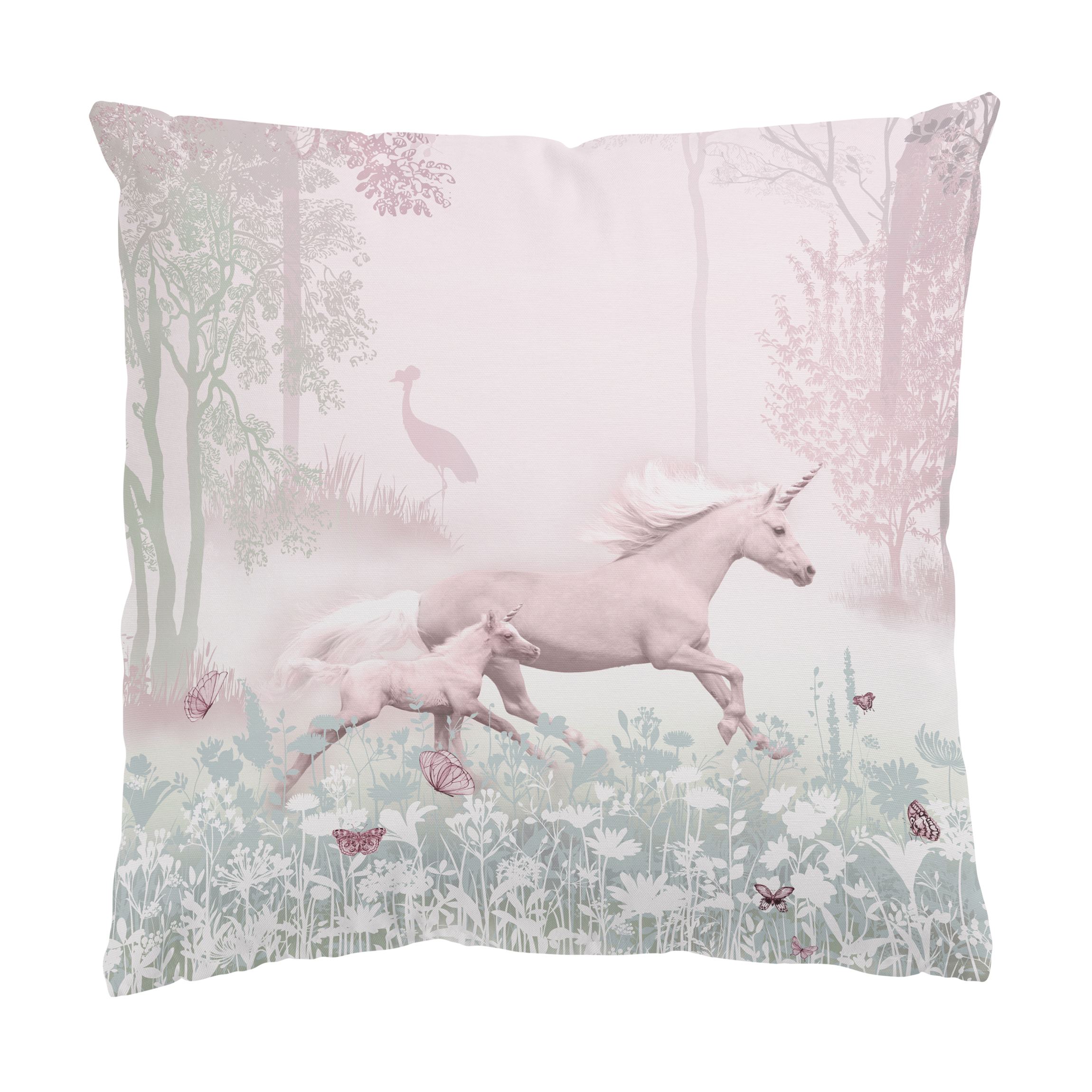 Dekokissen Einhorn auf Blumenwiese in Rosa