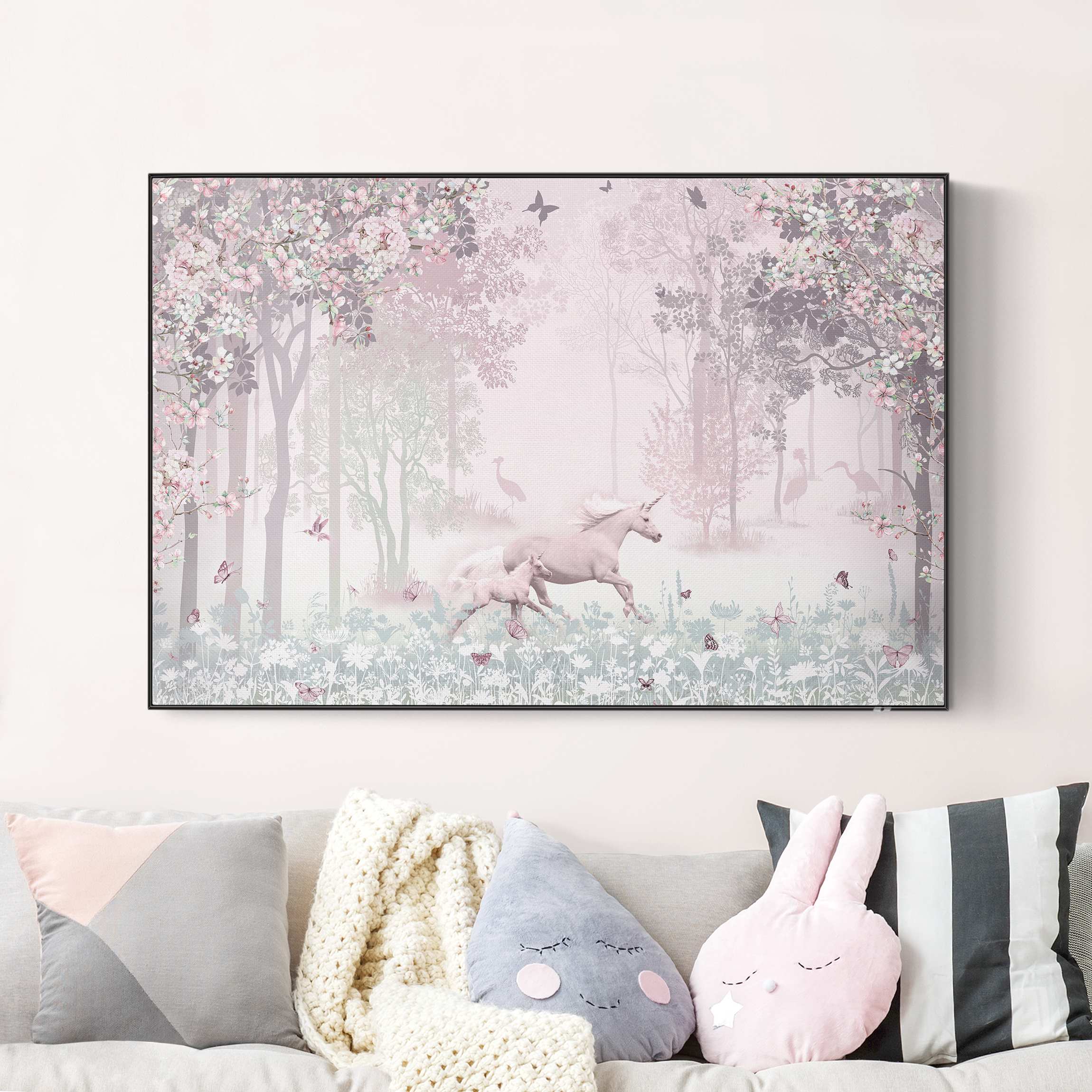 Akustik-Wechselbild Einhorn auf Blumenwiese in Rosa