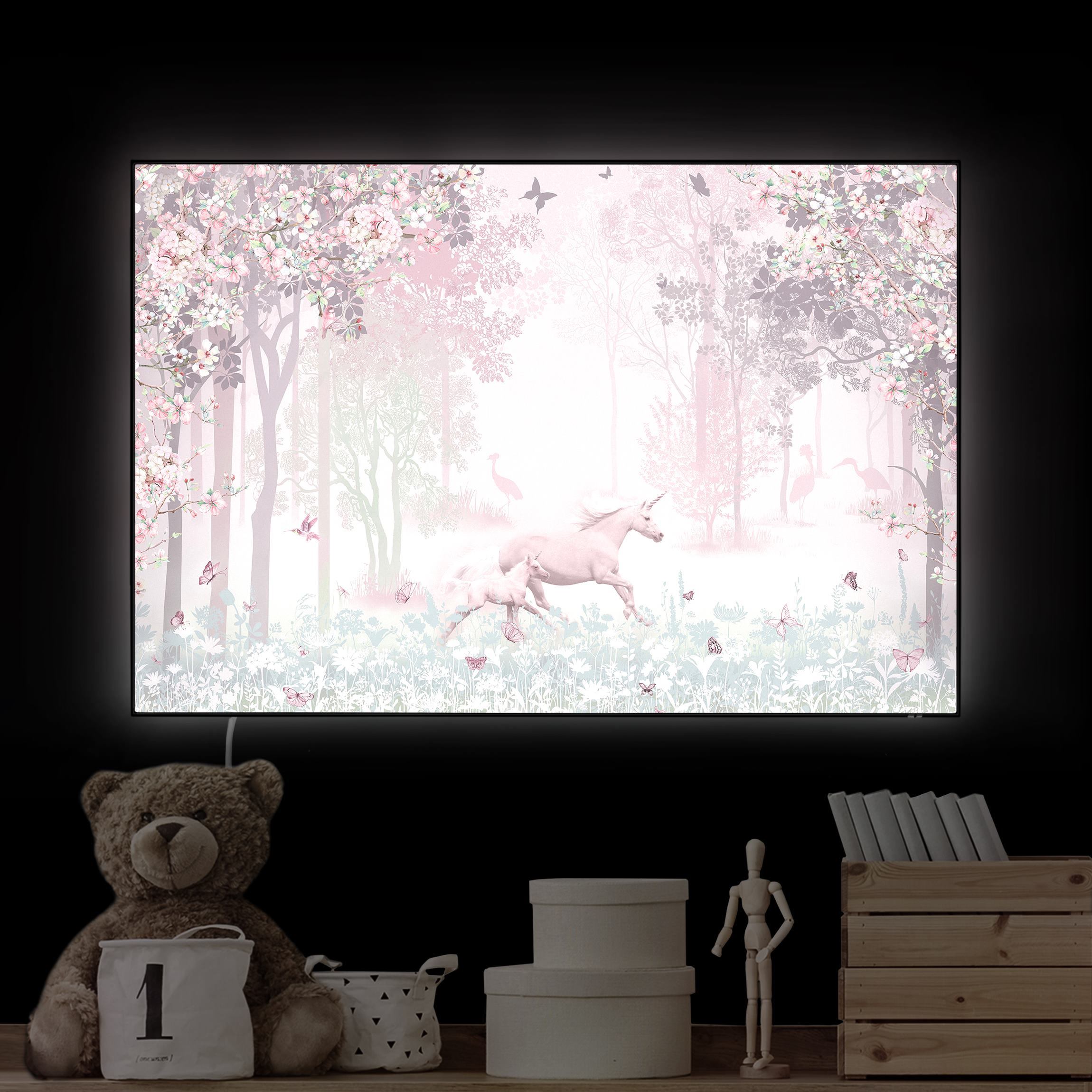 LED-Wechselbild Einhorn auf Blumenwiese in Rosa