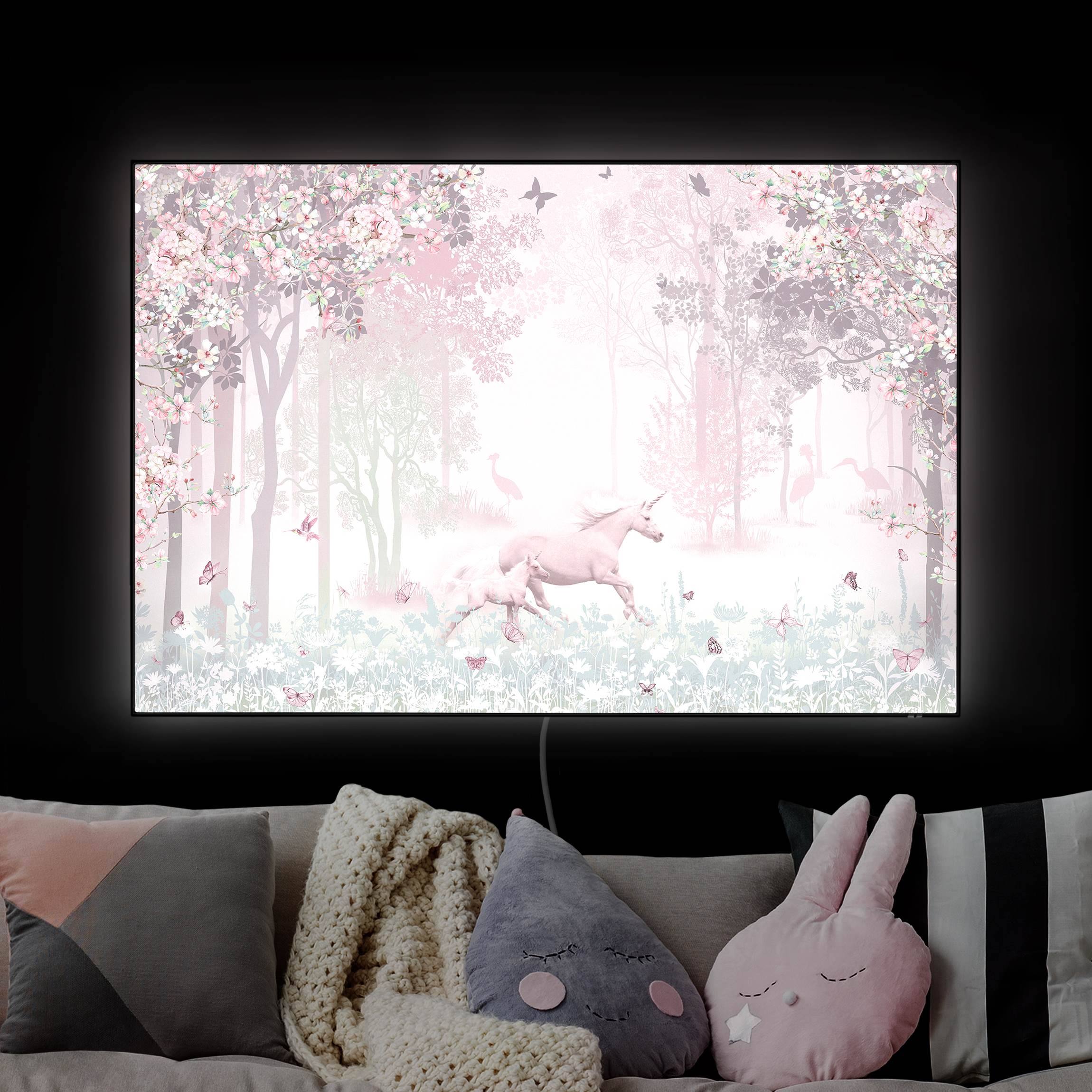 LED-Wechselbild Einhorn auf Blumenwiese in Rosa