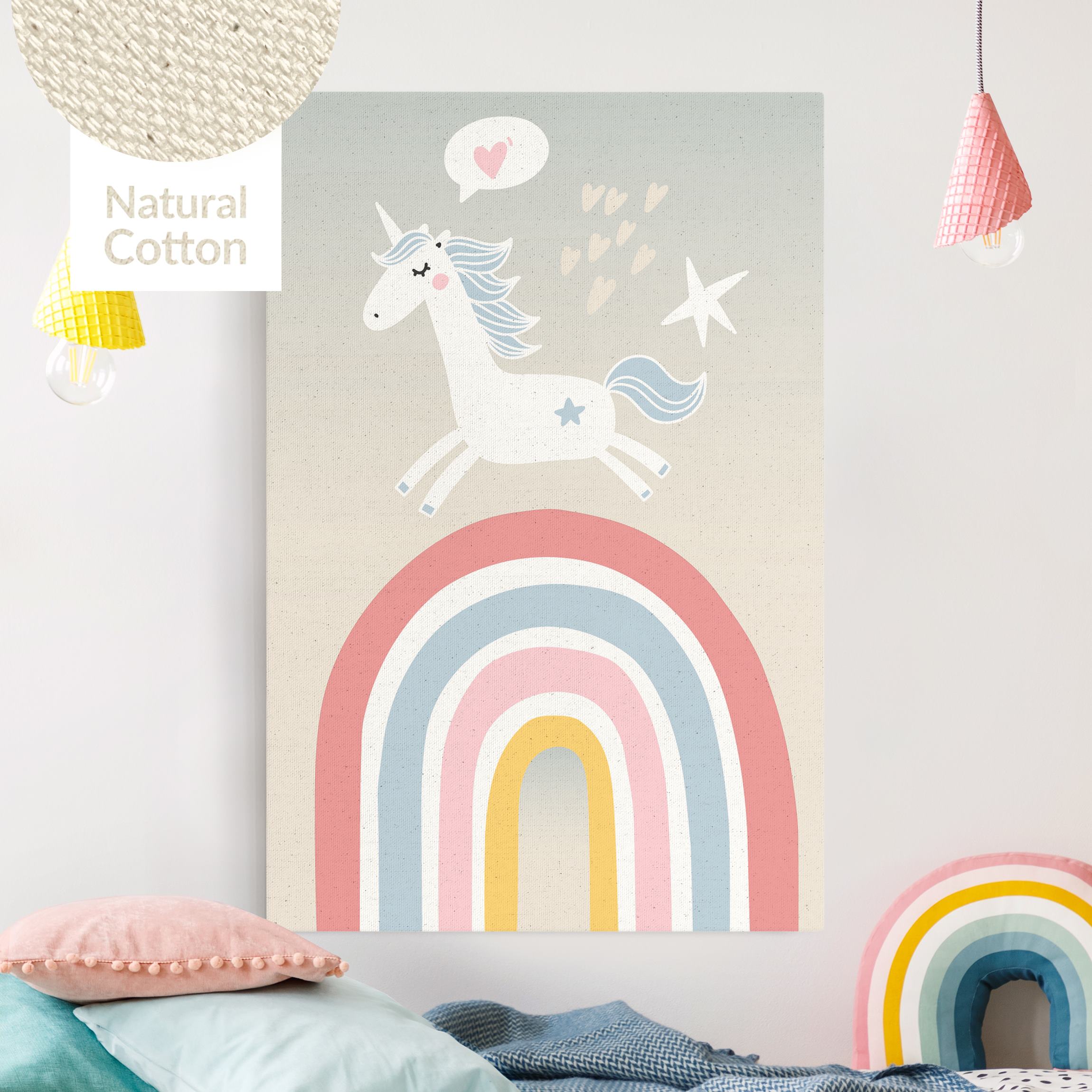 Leinwandbild auf Naturcanvas Einhorn auf Regenbogen in Pastell
