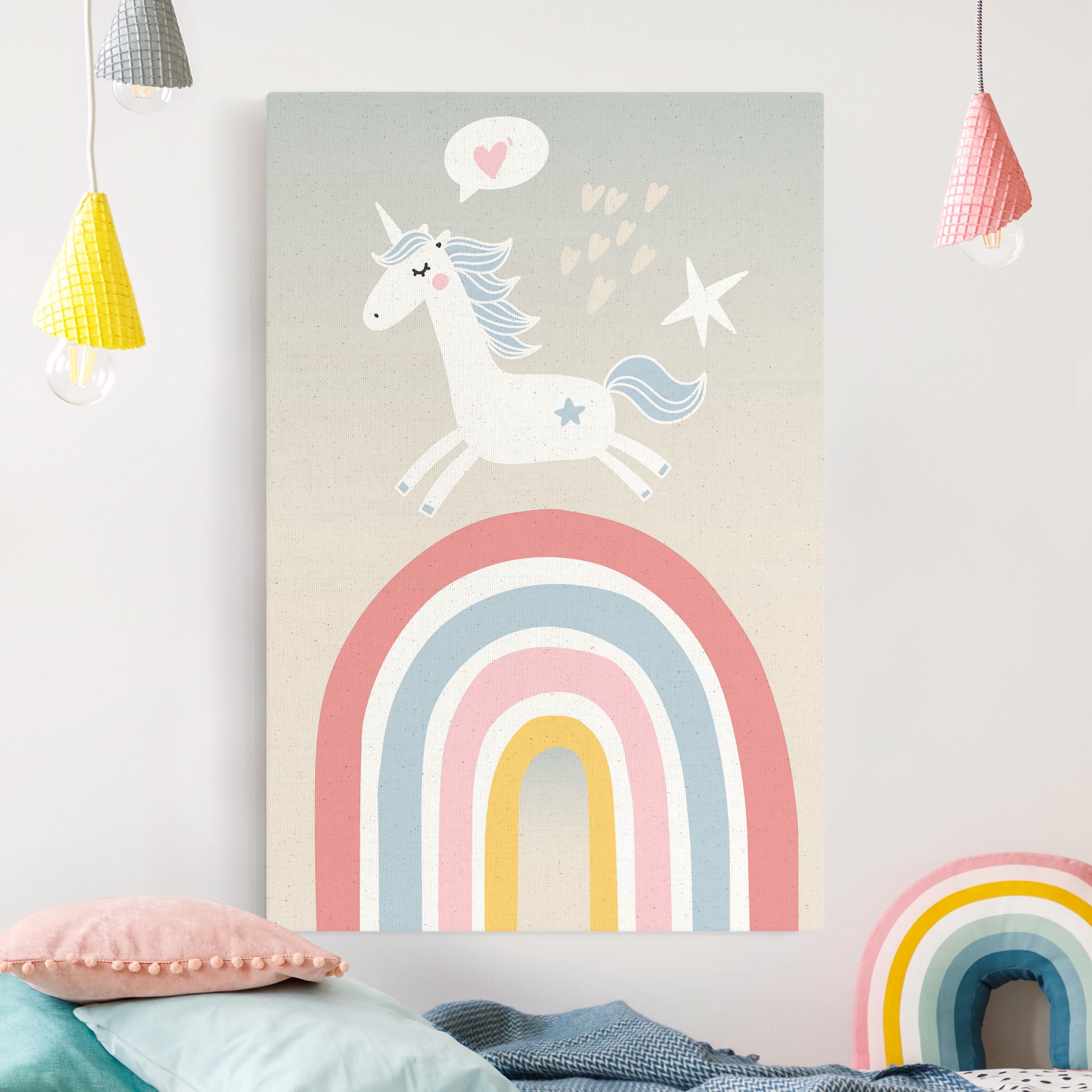 Leinwandbild auf Canvas Natural Einhorn auf Regenbogen in Pastell