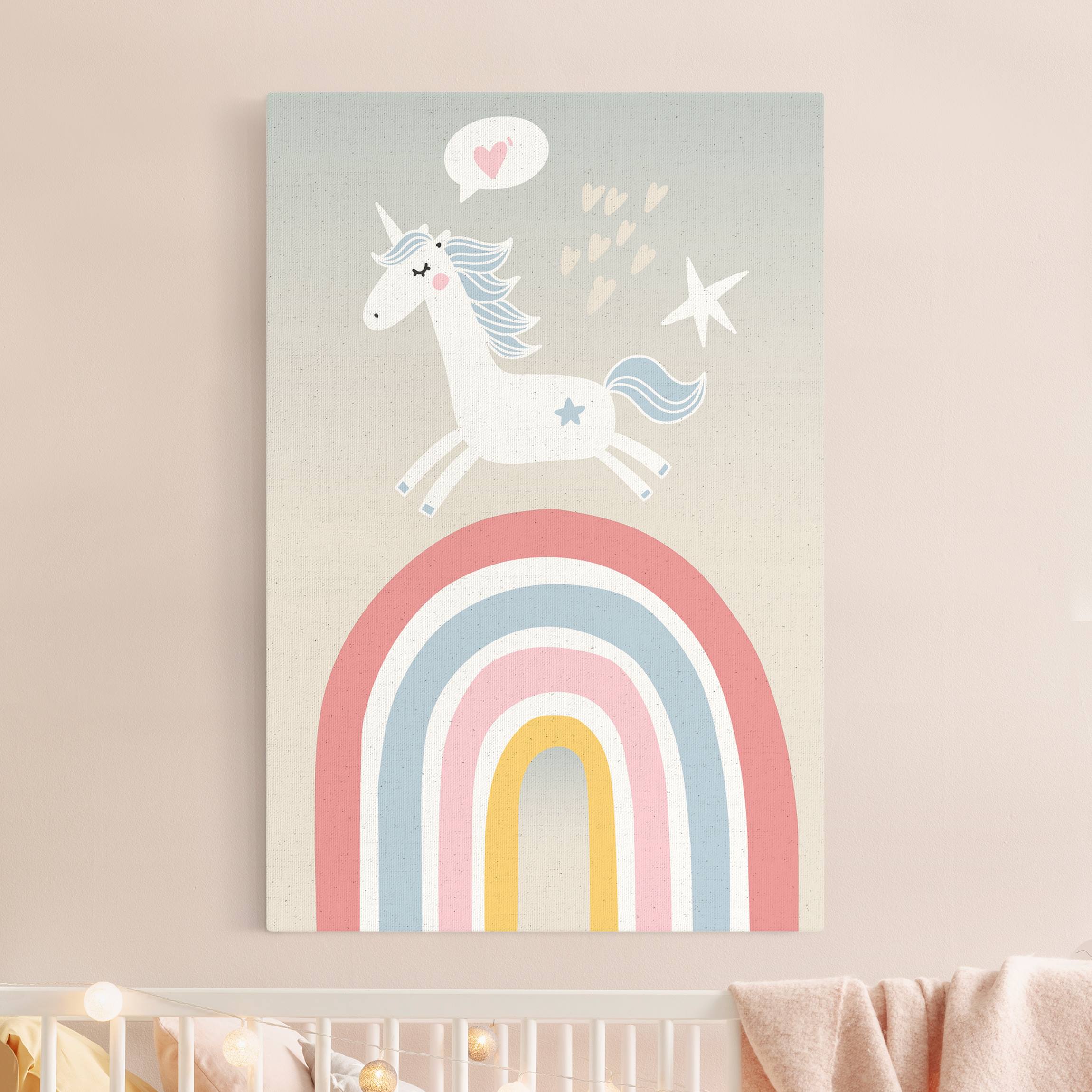 Leinwandbild auf Naturcanvas Einhorn auf Regenbogen in Pastell