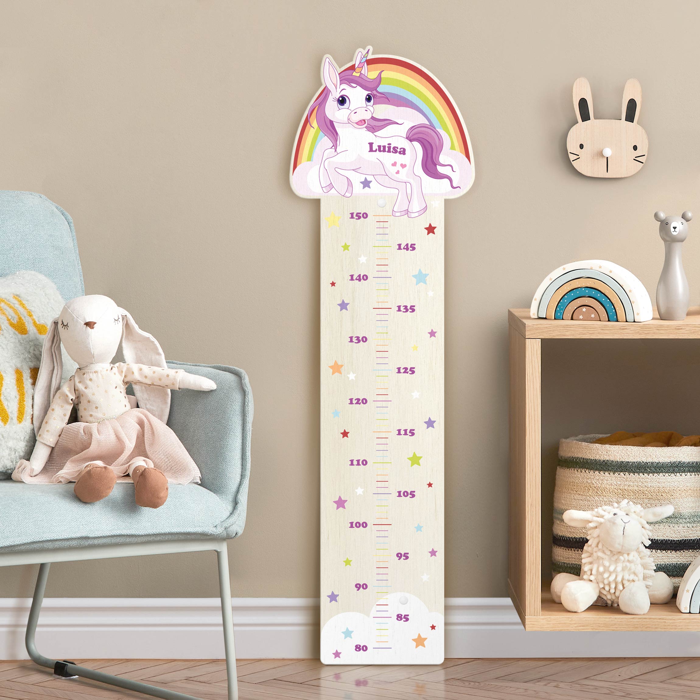 Kindermesslatte Holz Einhorn Regenbogen mit Wunschname