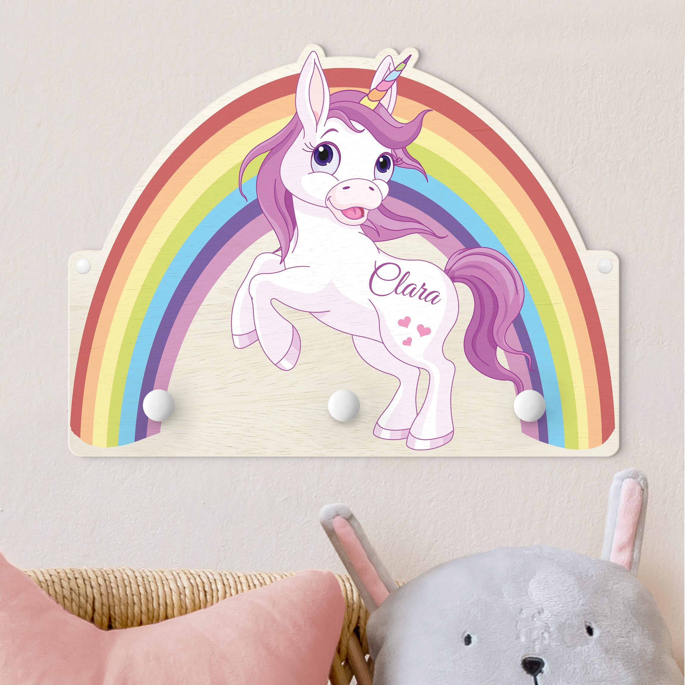 Kindergarderobe Holz mit Namen Einhorn Regenbogen mit Wunschname